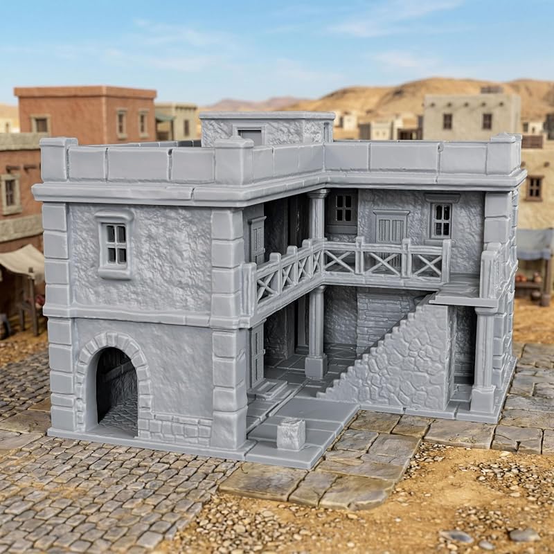 AUSPDICE Inn Building Escala de 25 mm Paisaje de rol de mesa de fantasía sin pintar | Edificio TTRPG de tres niveles para Dungeon Masters: habitaciones detalladas, escaleras, balcones y azotea para mapas de terreno DND - AF1162