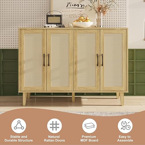 Miniatura 5 de Armario de almacenamiento con ribete de ratán, aparador de 4 puertas con almacenamiento, armario decorativo con estantes para baño, cafetería,