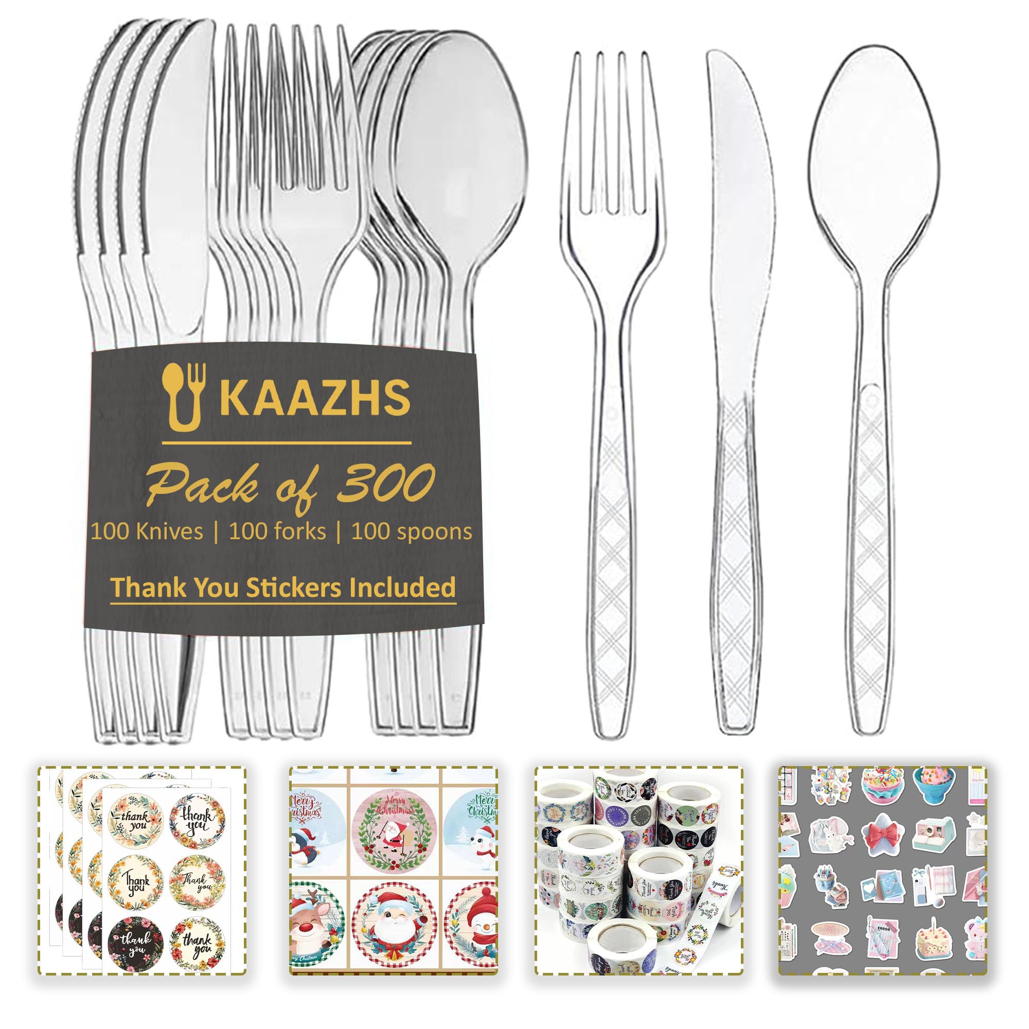Reusable Plastic Cutlery Set with Stickers | Pack of 300 (100 Spoons, 100 Forks & 100 Knives) Durable, Lightweight, Heavy Duty | Cutlery Set with Party Stickers for Everyday Personal Use
