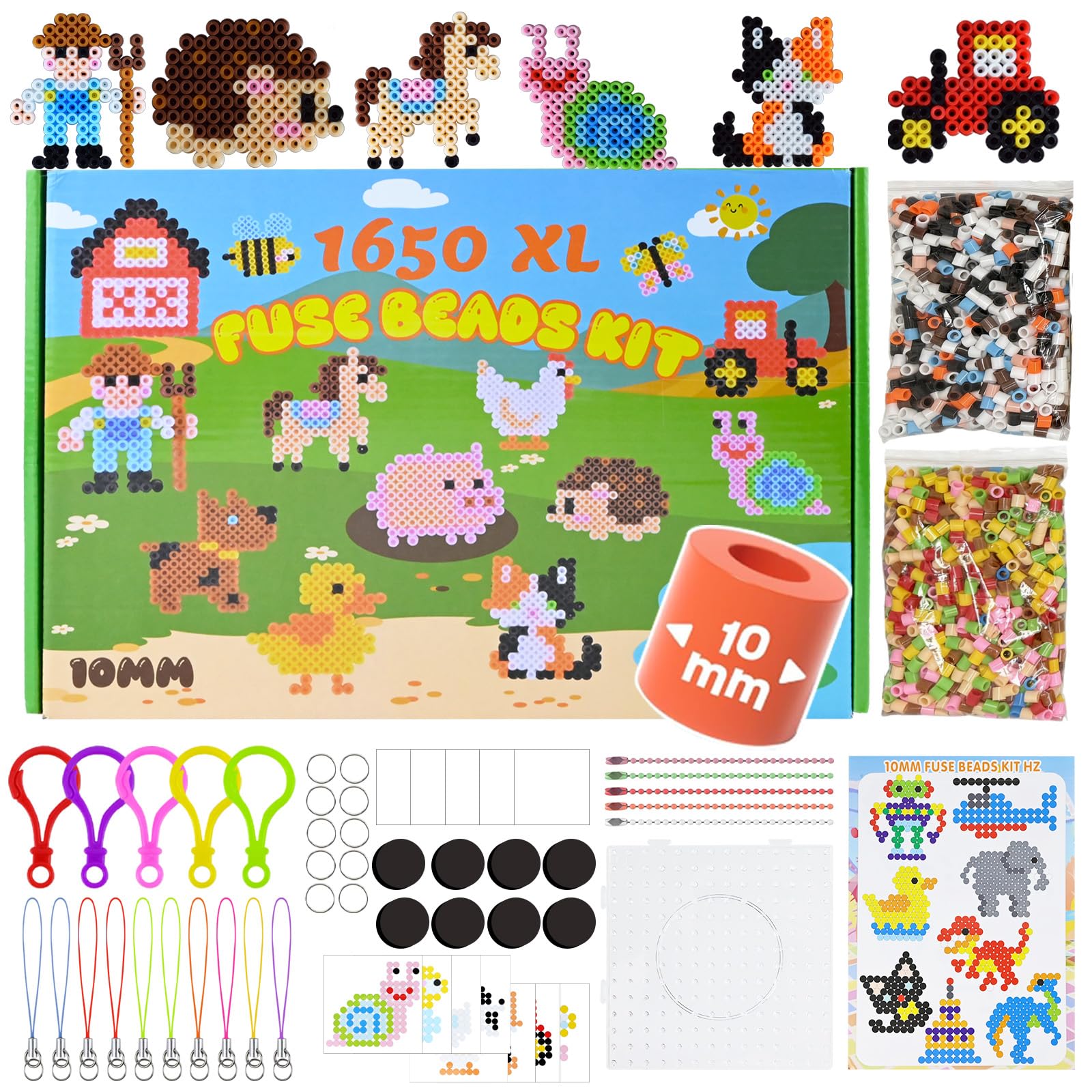 lompyeu Bügelperlen Groß 10mm, 1650 Stück Bügelperlen Set mit 48 DIY Bastelzubehör, Bauernhof-Thema Bildungsspielzeug für Kinder ab 3 Jahren, Geschenk für Weihnachten/Ostern/Geburtstag