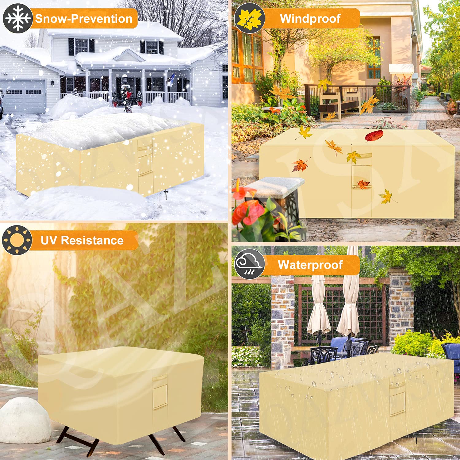 Copertura impermeabile per mobili da giardino in tessuto Oxford 420D, resistente, rettangolare, rettangolare, quadrato, antivento, anti UV, beige, 200 x 160 x 70 cm