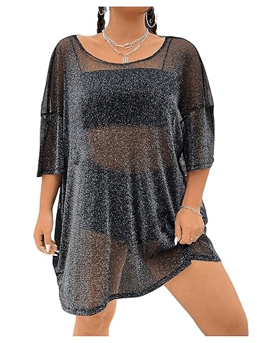 WDIRARA Women's Plus Size Sparkle Mesh Y2K Tee Top Loose