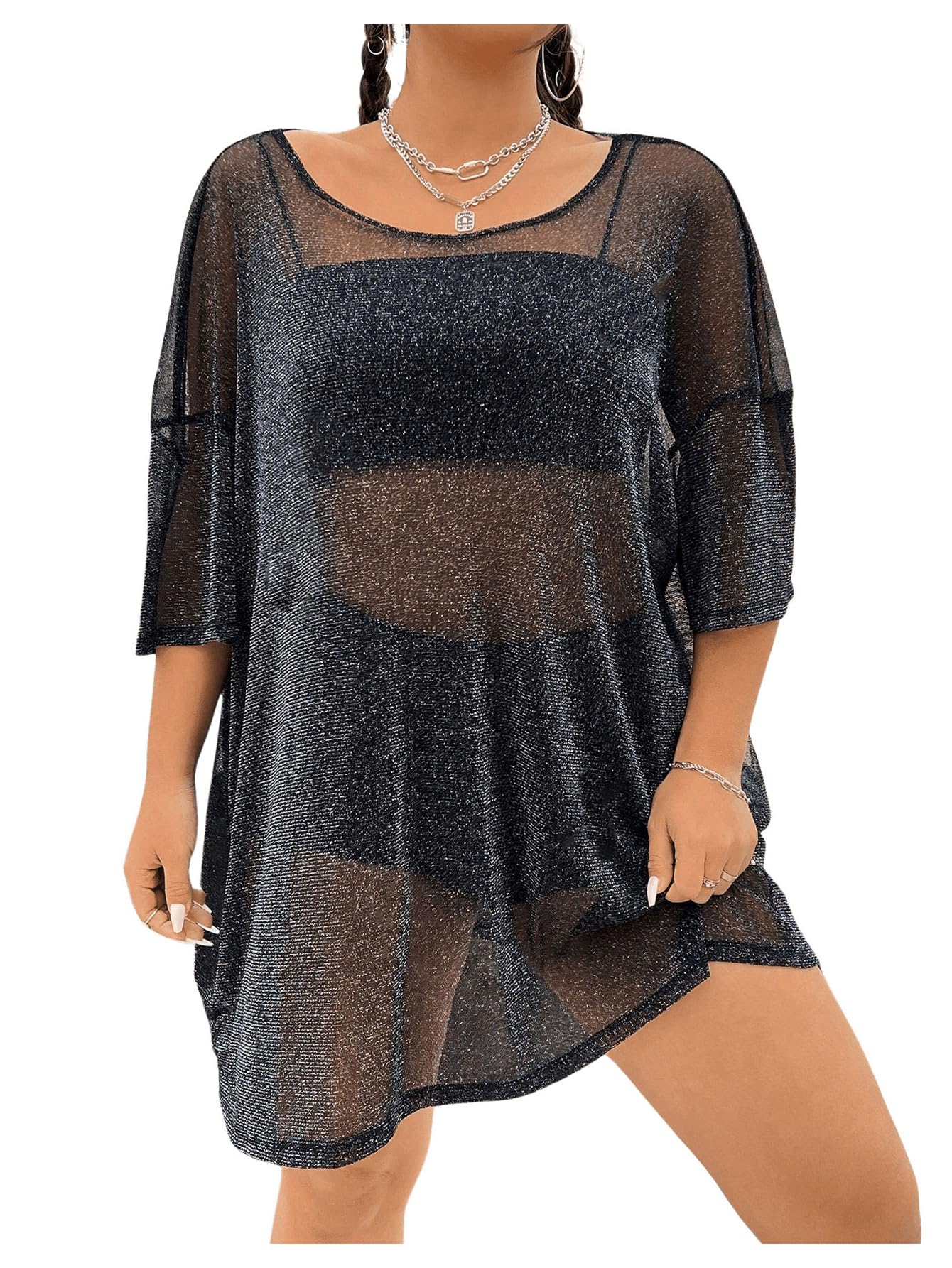 WDIRARA Women's Plus Size Sparkle Mesh Y2K Tee Top Loose Drop Shoulder Party Club Wear T Shirts