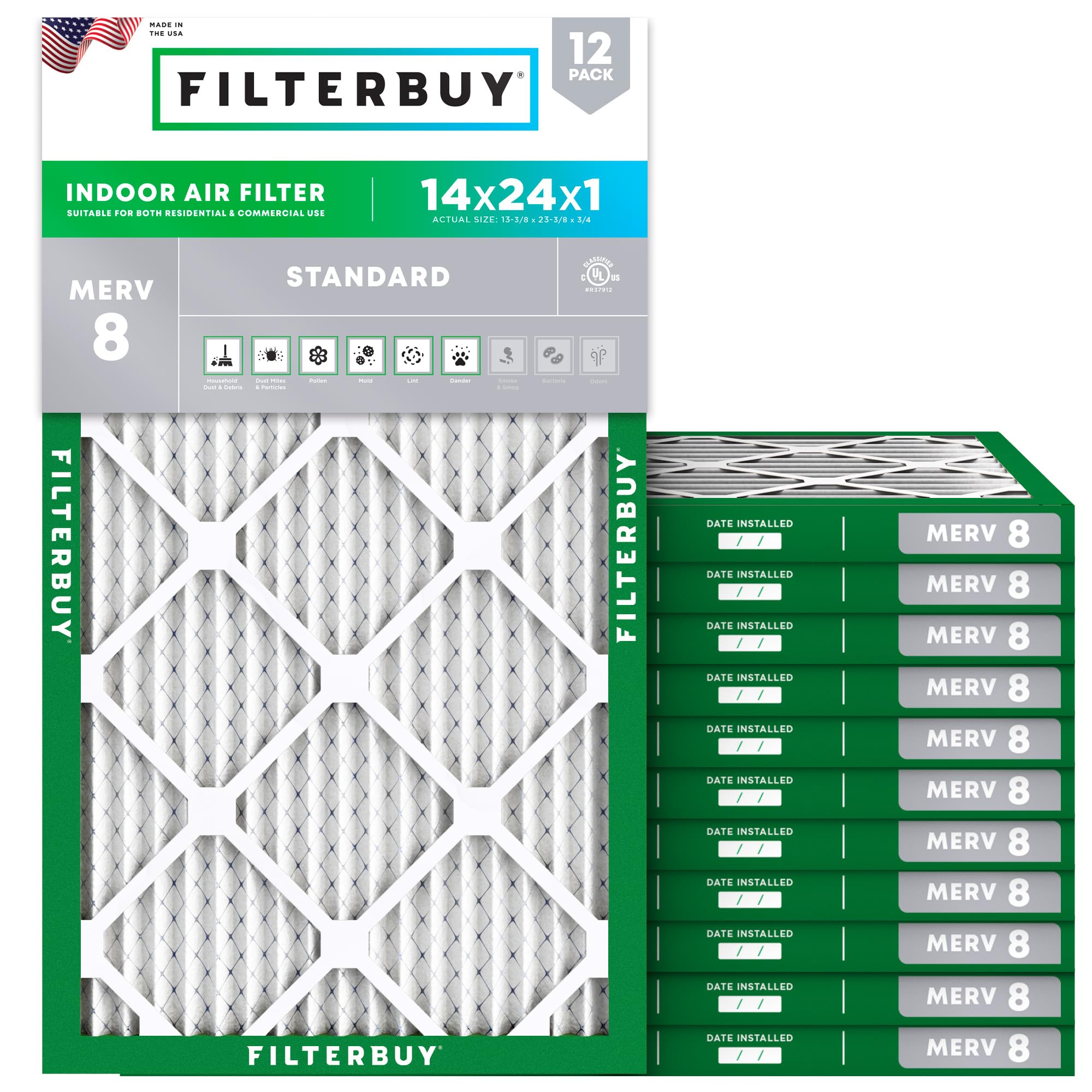 Filterbuy 14x24x1 Air Filter MERV 8 Dust & Allergy Defense (12-Pack) | Electrostatic Pleated HVAC AC Furnace Filters Replacement, Made in USA (Actual Size: 13.38 x 23.38 x 0.75)