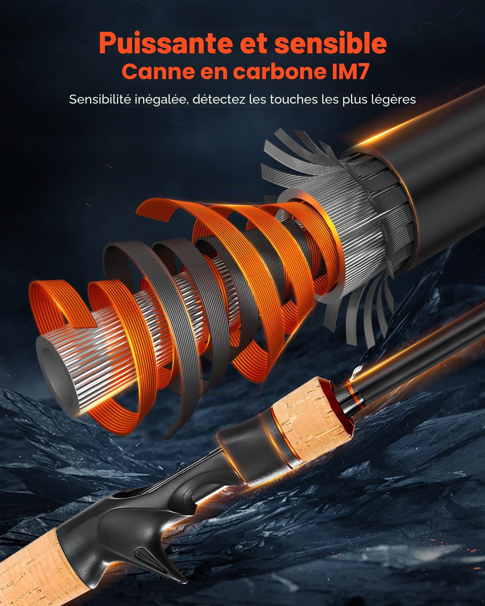VEVOR Ensemble Canne et Moulinet Pêche, Fibre de Carbone IM7, Canne à Pêche et Moulinet Combiné avec 7+1 Roulements, Ratio 7,0:1, Modèle Casting Droitier, Poignée en Liège, Anneau Guidage Céramique