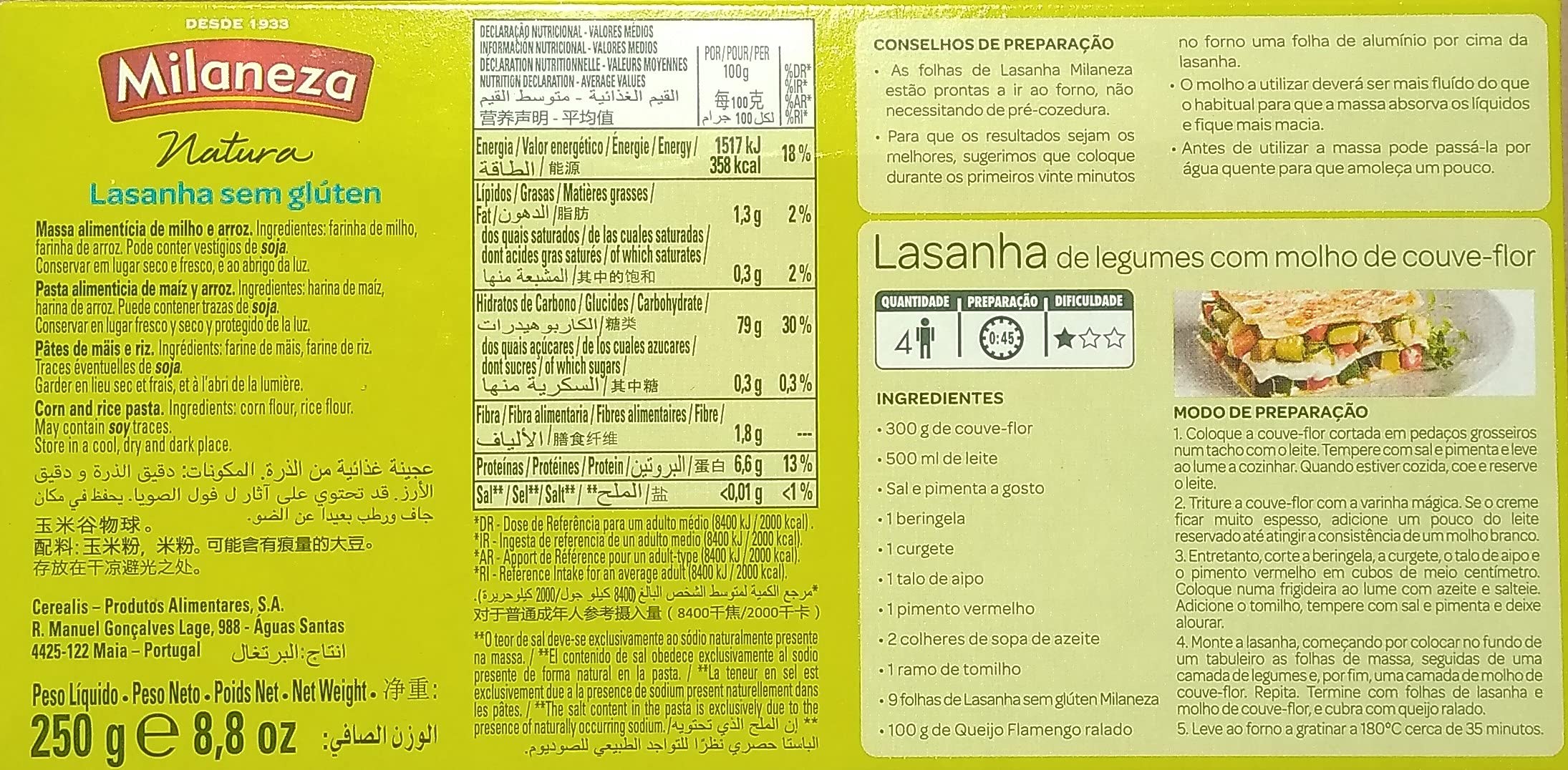Milaneza Lasanha Sem Glúten 250G