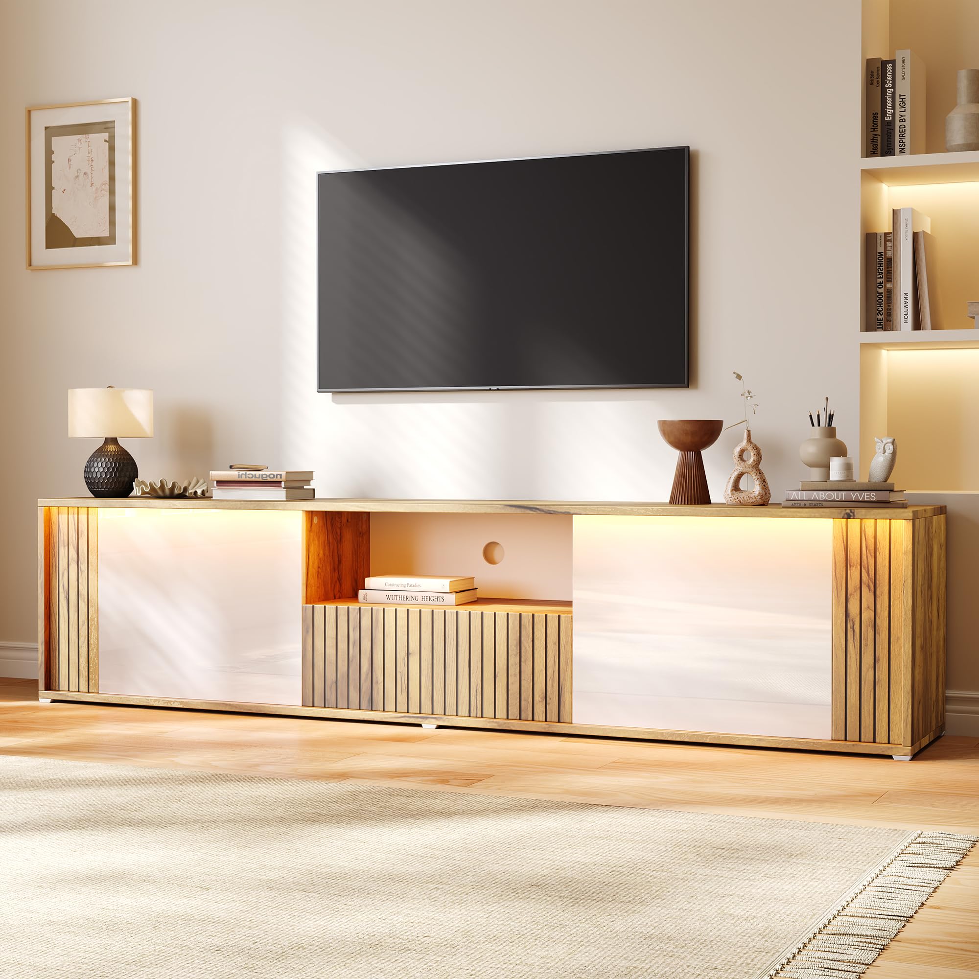 Mobile TV con luci a LED, mobile per TV, 180 cm (bianco + legno)
