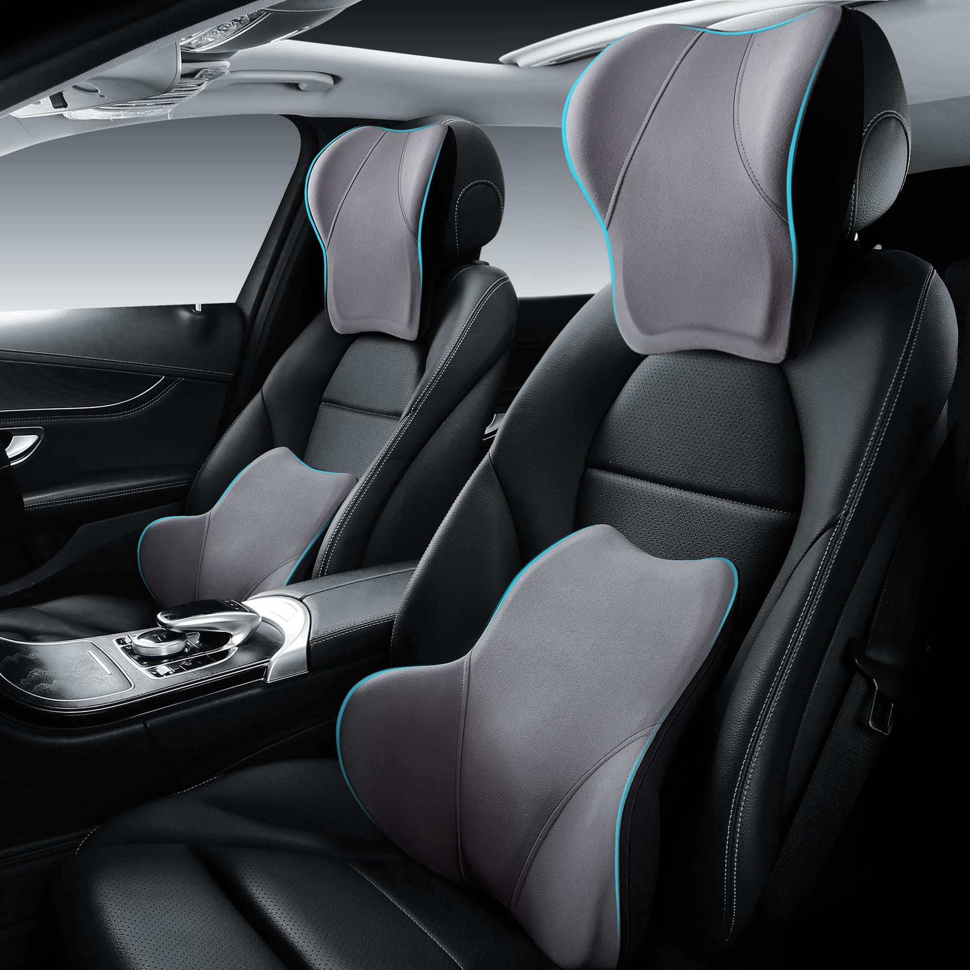 CHOCMONS Car Seat Lumber Support Pillow&Neck Pillow Kit,Ergonomic Memery Foam Neck Pillow and Back Cushion for Back Pain Relief,Comfort for Car,Office