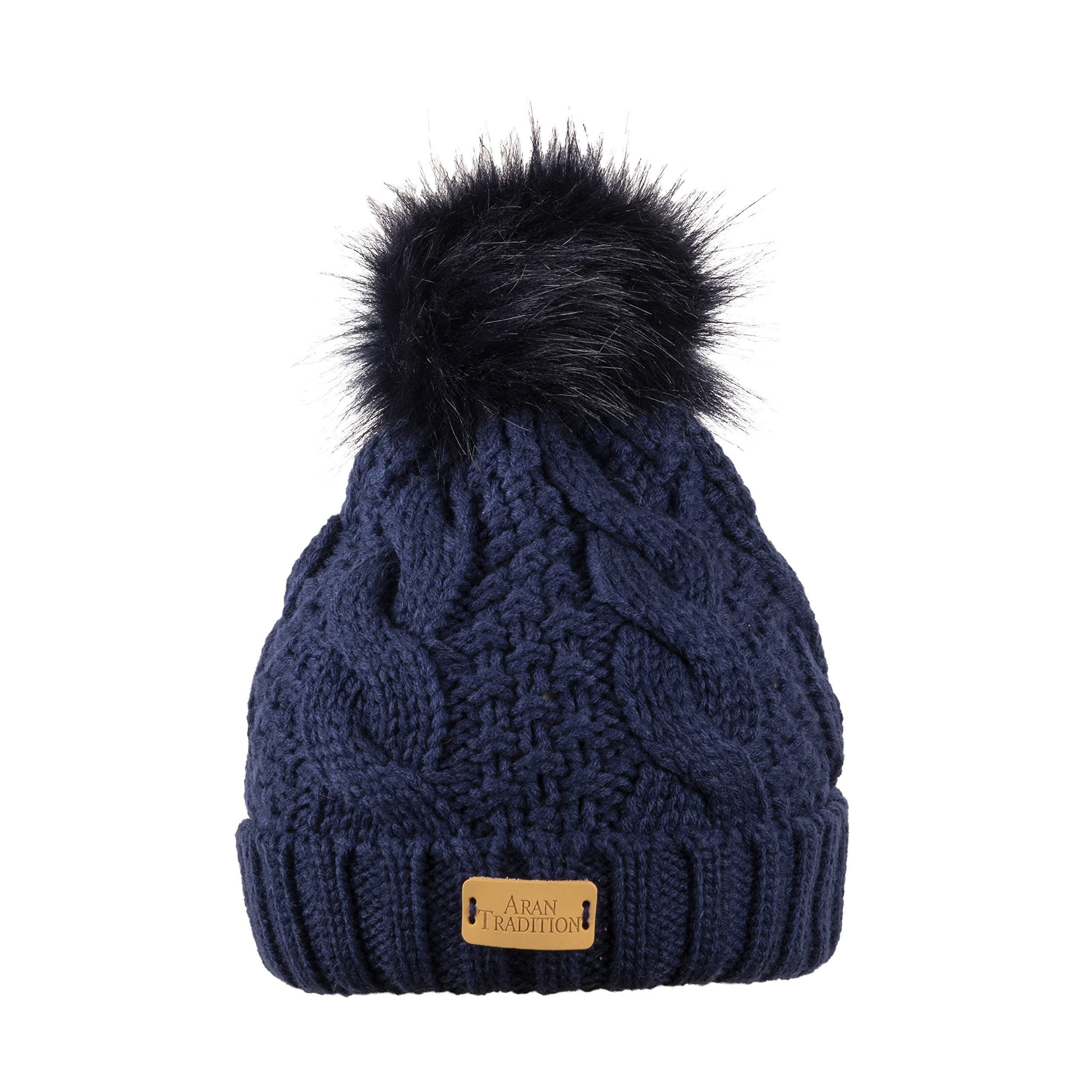 Aran Traditions Knit Faux Fur Pom Pom Bobble Hat (Navy), Navy Bobble Hat, Navy Beanie, Winter Pom Pom Hat, Winter Beanie Hat, Woolly Hat, Cable Knit Hat