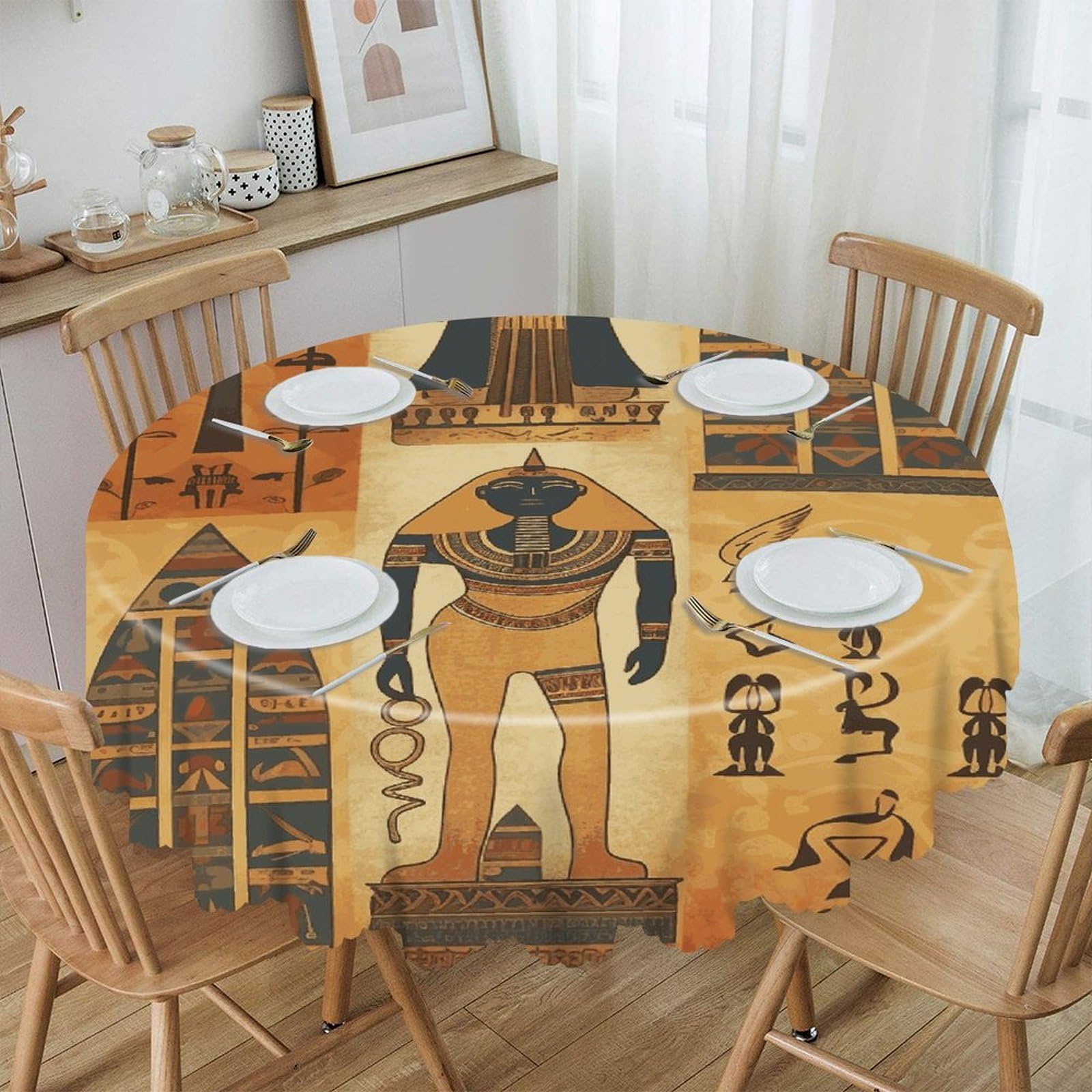 VstaDank Ancient Egypt Tribe Series Round Tablecloth 60 Inch Easy to Clean Circle Table Cover Thick Decorative Round Polyester Table Cloth for Dining Kitchen Party Farmhouse Outdoor