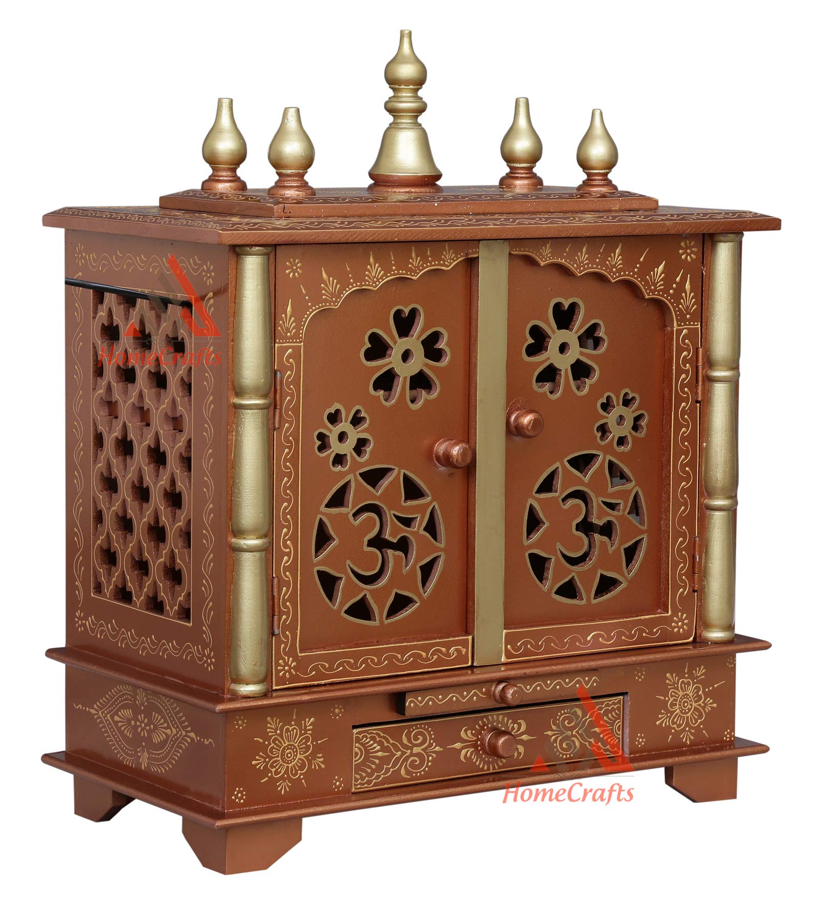 Mandir de madera artesanal altar hindú de lujo dorado con luces LED y puertas talladas