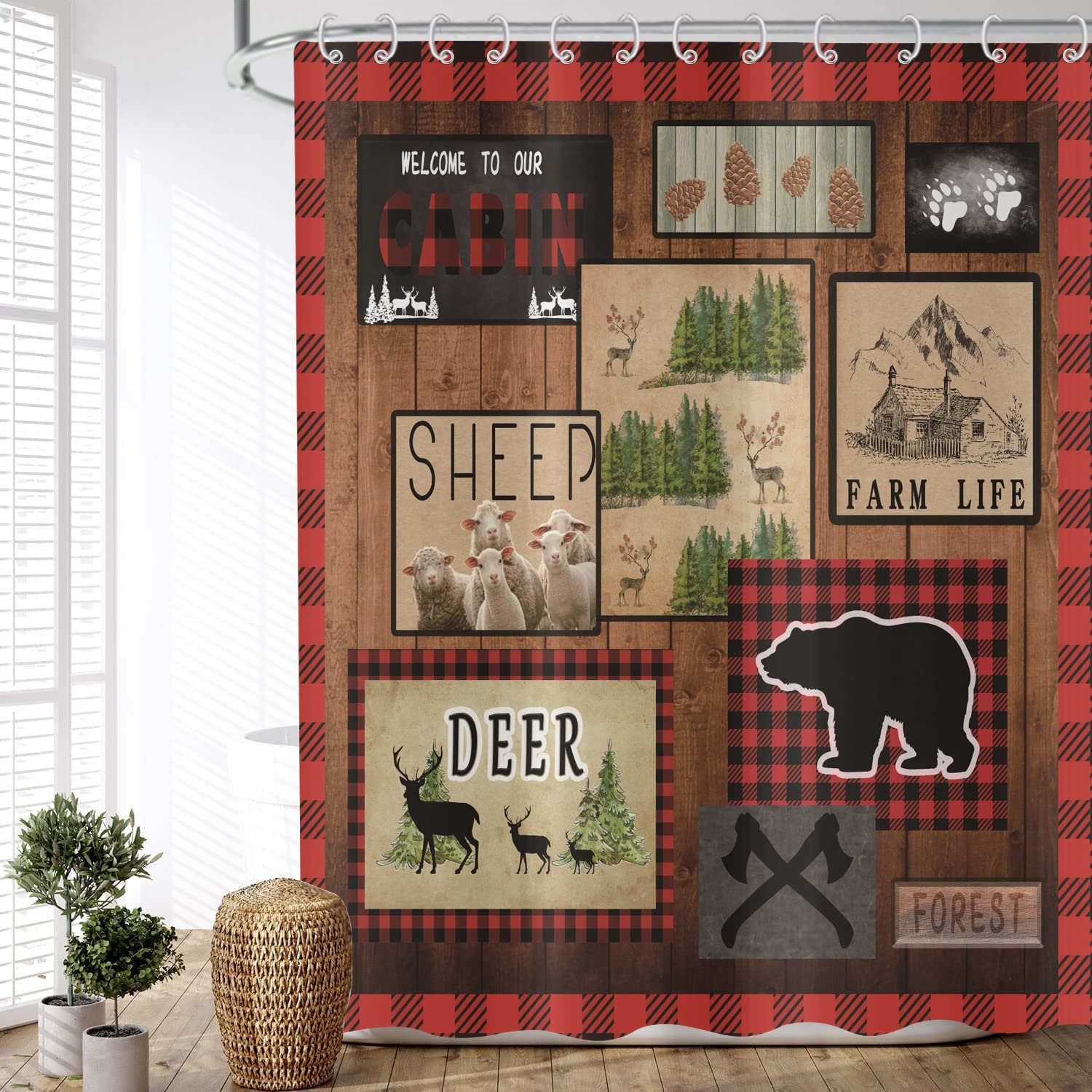 ASDCXZ Shower Curtain Farm 165x180 cm, Retro Farm Forest Animal Deer Bear Sheep Washable Textile Shower Curtains Polyester Fabric Waterproof Antifungal Shower Curtain for Bathtub with 12 Hooks — image 1