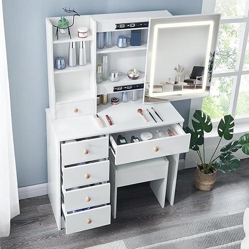 Miniatura 3 de Guanglai Escritorio con espejo y luces, tocador de maquillaje con luces, tocador con taburete tapizado, 6 cajones y 2 gabinetes, mesa de maquillaje