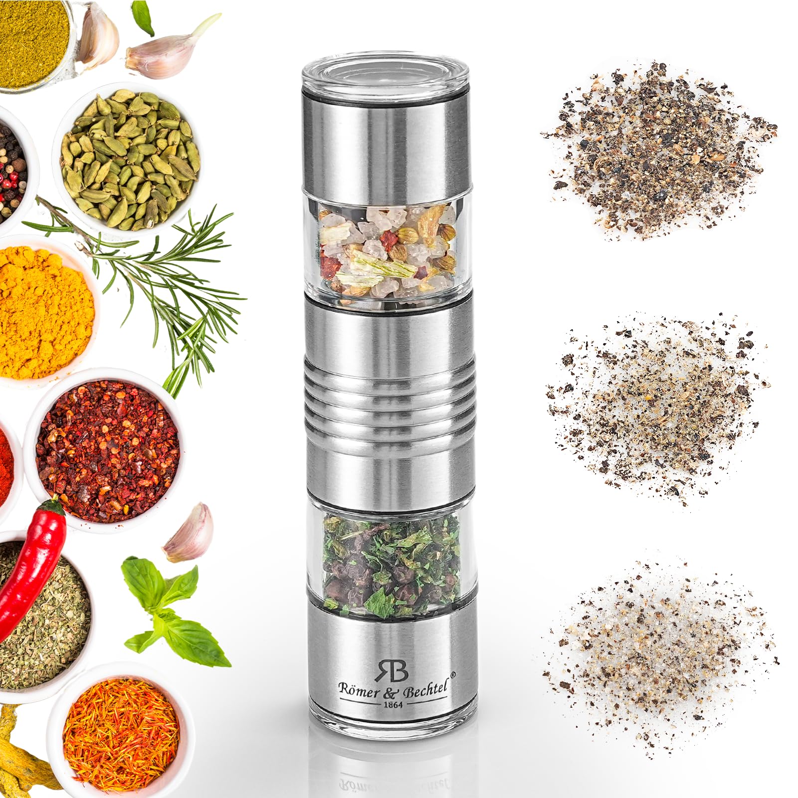 ROMER & BECHTEL 2-In-1 Salt And Pepper Grinder Set, Travel Salt And Pepper Shakers Mini, Small Salt And Pepper Grinder Refillable Mill With Adjustable & Ceramic Rotor