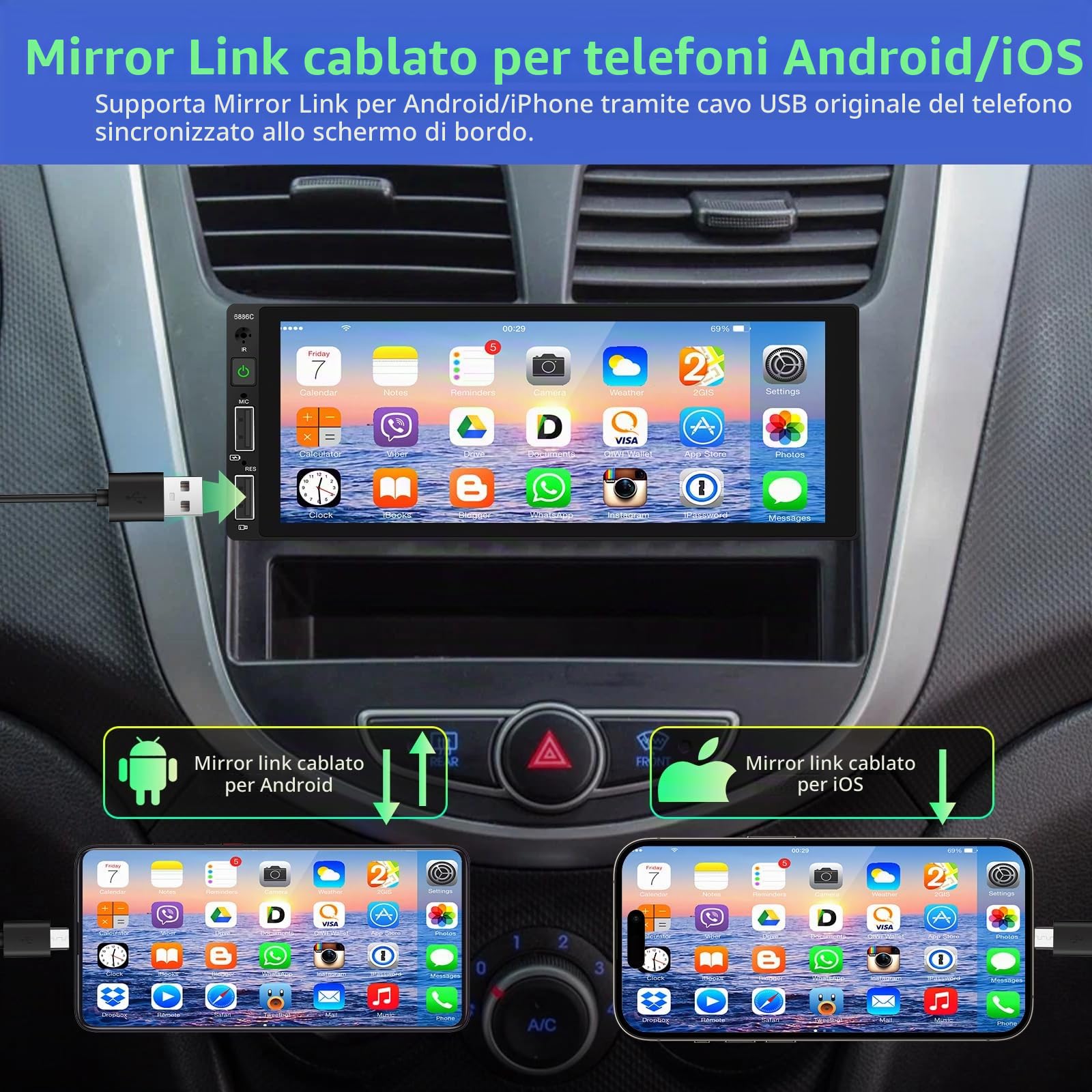 Podofo Autoradio 1 Din con Carplay Bluetooth Android Auto, Auto Radio con 6,86 Pollici Schermo Supporta Connessione Specchio FM, Telecamera Posteriore e Microfono