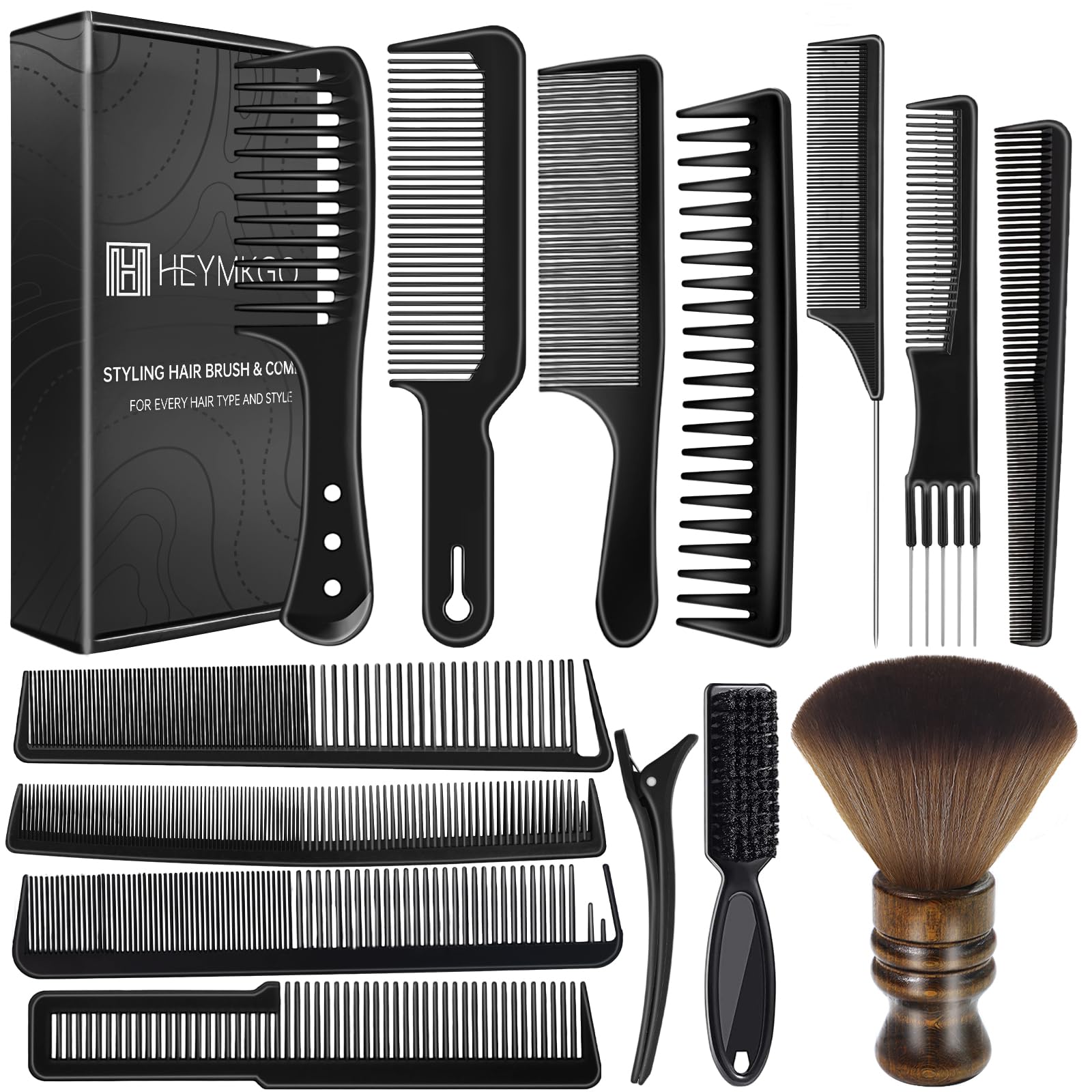 HEYMKGO Barber Comb,14PCS Hair Cutting Comb Set, Professional Salon Fine and Wide Tooth Comb, Barber Clipper Brush Duster Brush, Hair Clips, Rat Tail Teasing Combs for Styling