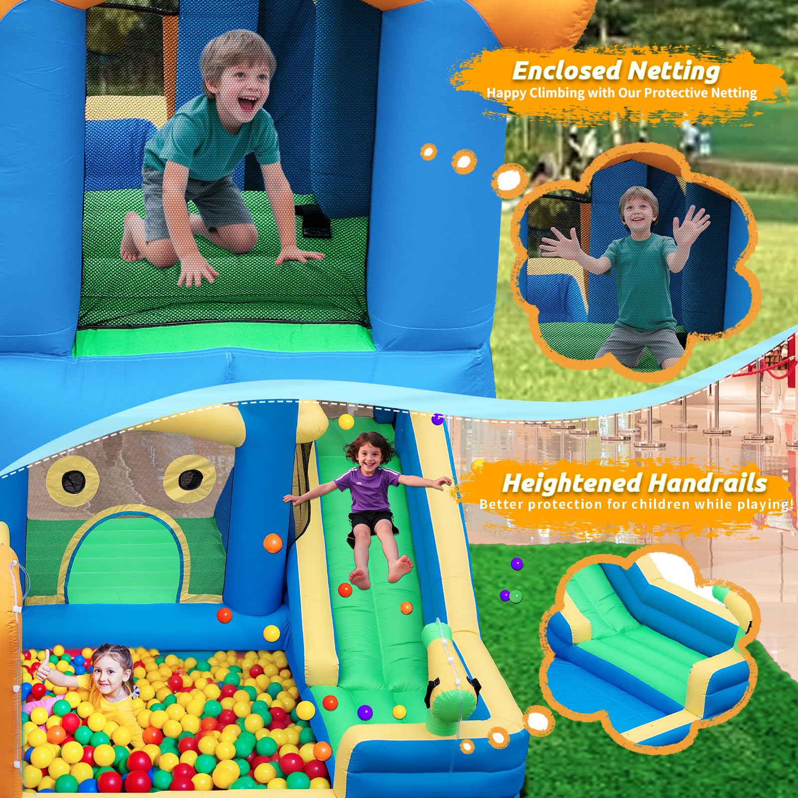 Hüpfburg für Kinder, 10 in 1 Aufblasbare Hüpfburg mit Wasserrutsche, Wasserspritzern, Klettern, Springen, Fußballfeld und Basketballkorb, XXL Hüpfburg mit Gebläse für den Innen- und Außenbereich