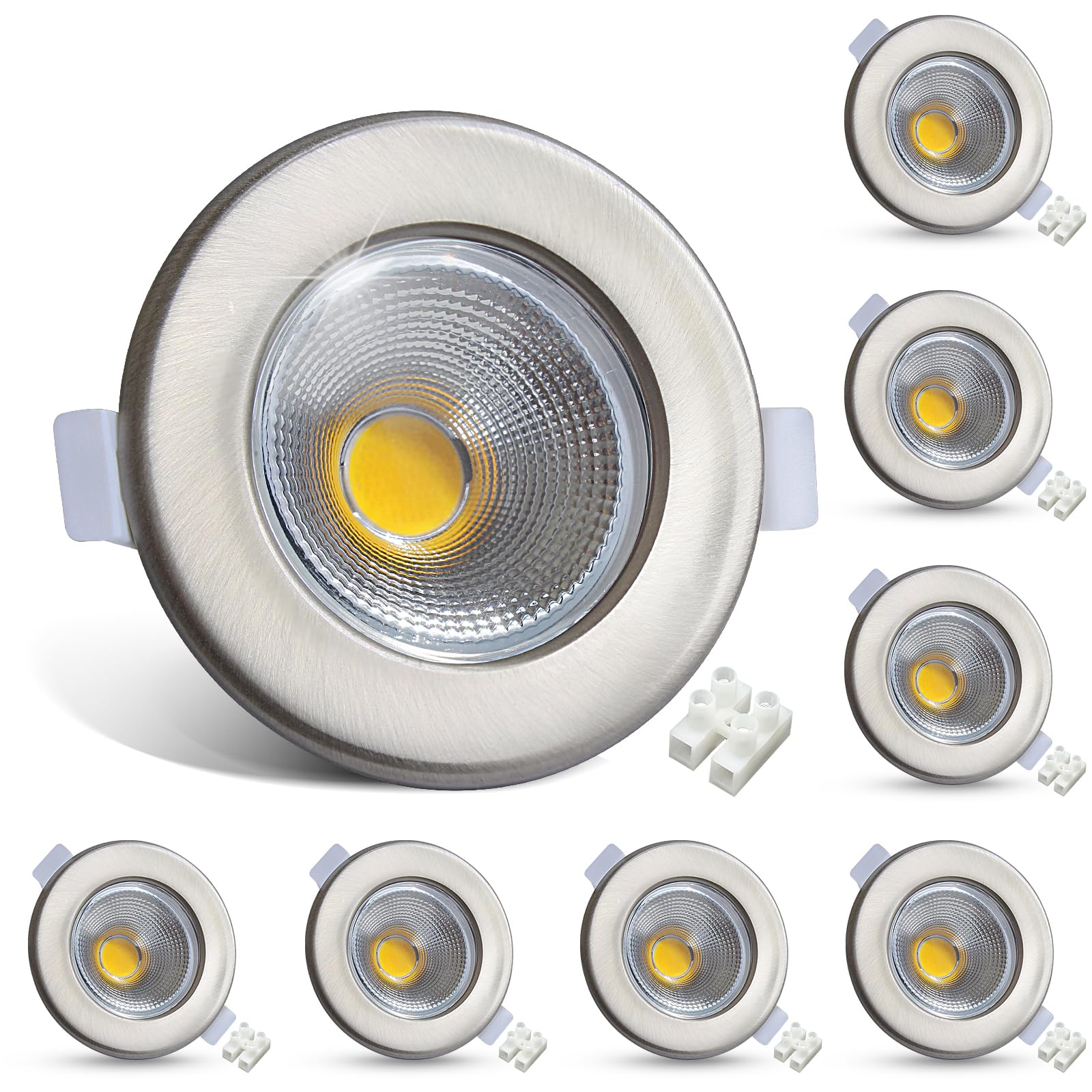 HiBay 8X 10W Round Downlights for Ceiling Brushed Chrome COB Spotlight 3000K Ultra Slim Downlight for Bedroom, Living Room, Cutout Ø65-88mm, 240V 850LM
