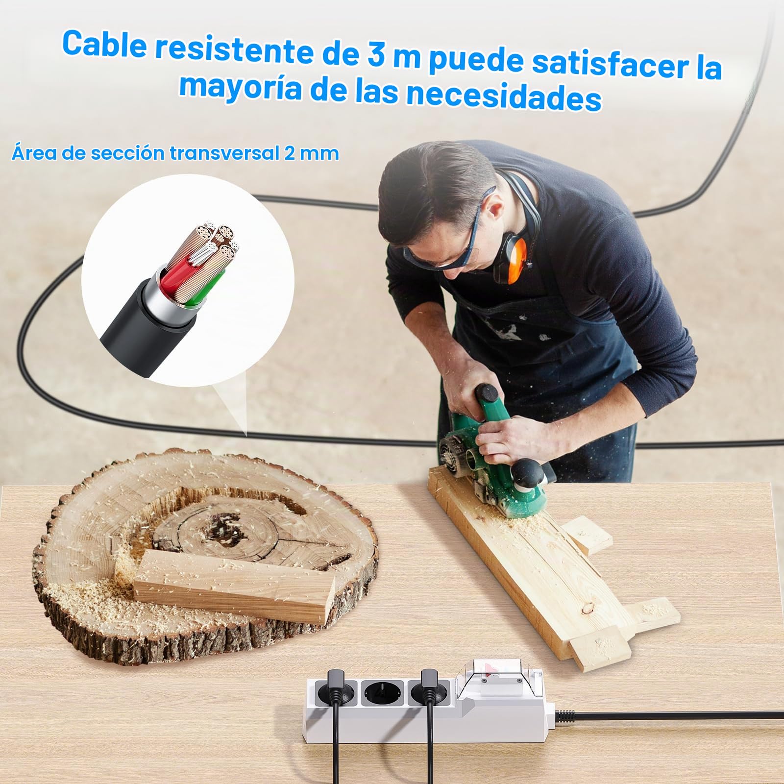 BEVA Enchufes con Interruptor Diferencial, RCD Regleta Enchufe | Ladron Enchufe con FI, 3M Cable, Protección de Corriente de Fuga de 30mA, Blanco