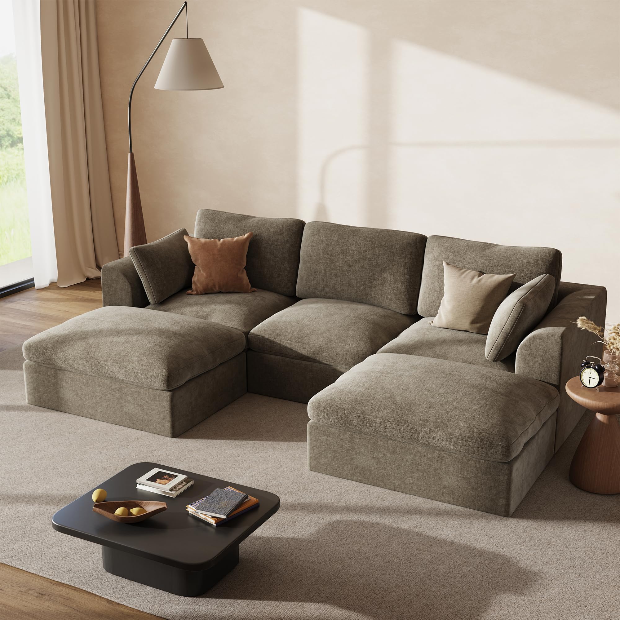 Hynorra 110 inch Cloud Sectional Couch in Light Brown