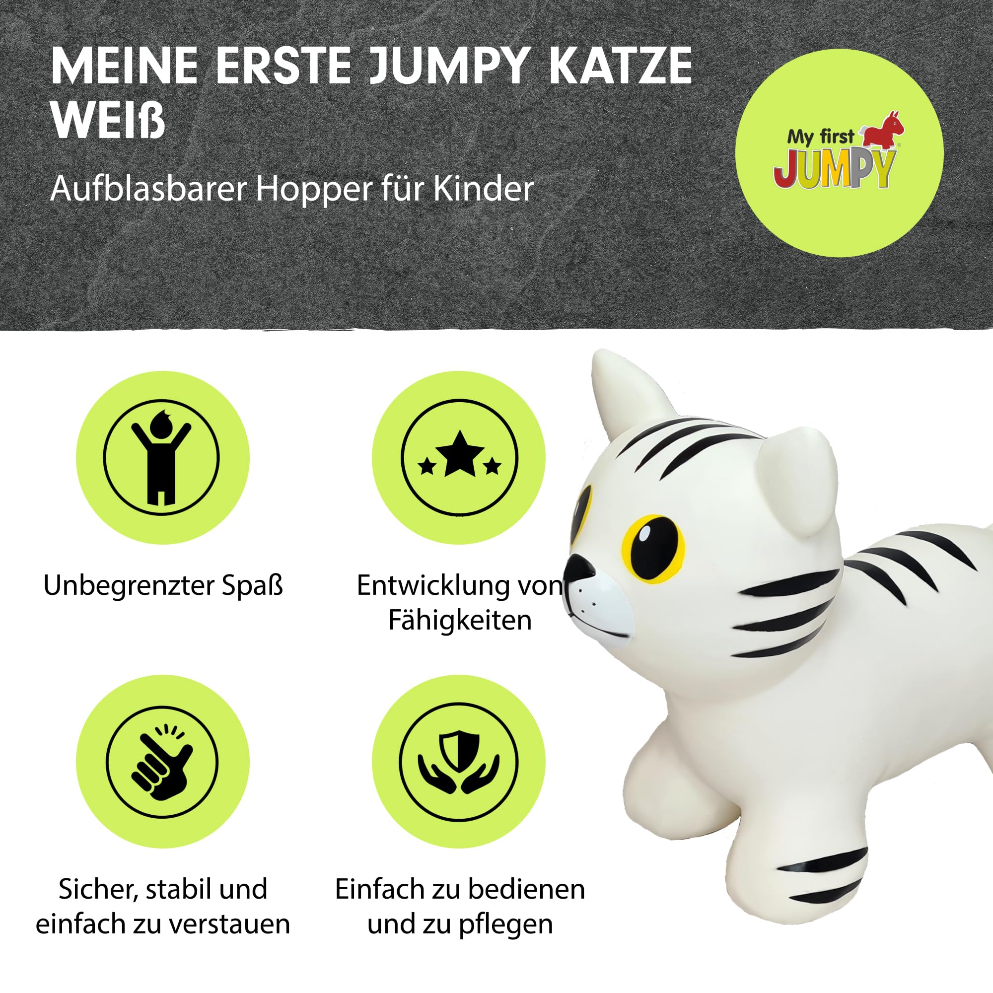 GERARDO'S Toys My First Jumpy für Kinder ab 1 Jahr, Bouncy Hopper Ride on Animal White Cat mit Pumpe enthalten, aufblasbare Hüpfburg für Kleinkinder drinnen und draußen
