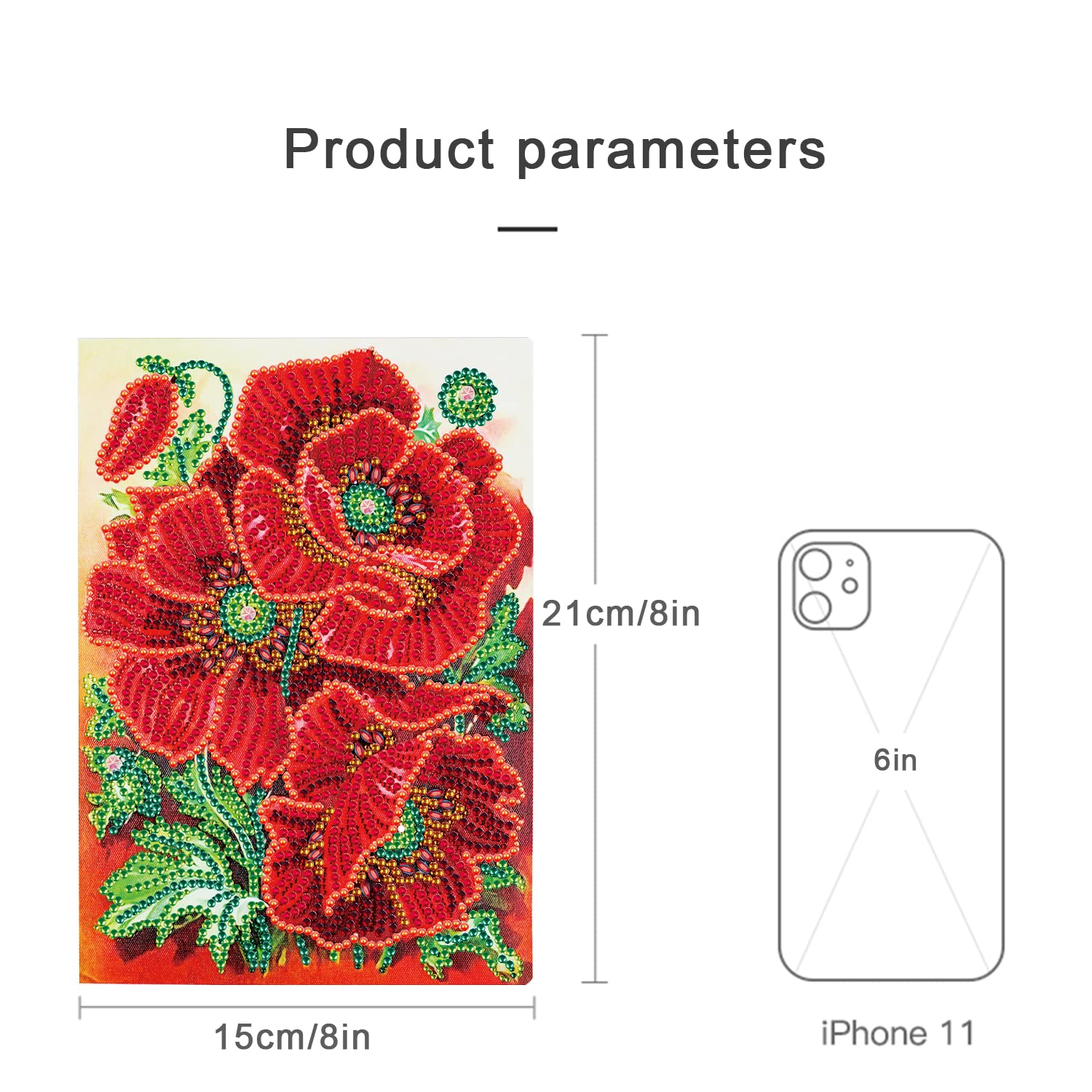 DIY 5D Diamond Painting Notebook A5 Blank Diamond Art Notebooks Kids Rhinestone Embroidery Secret Diary Girl Poppy Flowers Sketchbook for Student Office School Supplies Writing A5 Notebook Journal - Image 2