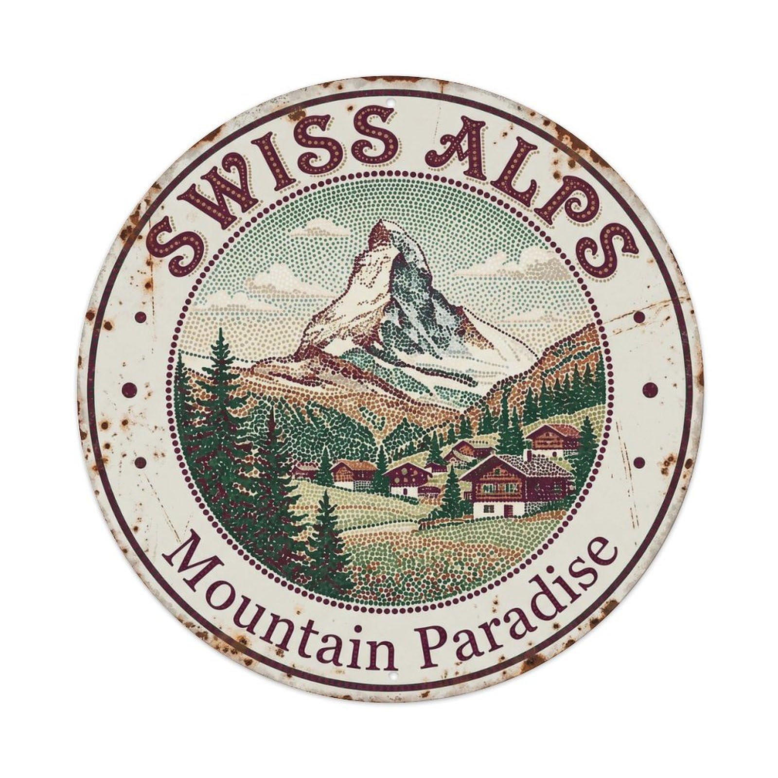 Alpine Mountain Switzerland City Peak Classic Destination Metal Tin Sign Plaque Wall Decor for Cafe, Man Cave, Club Bar, Office, Home Garden Round Metal Poster 8x8Inch