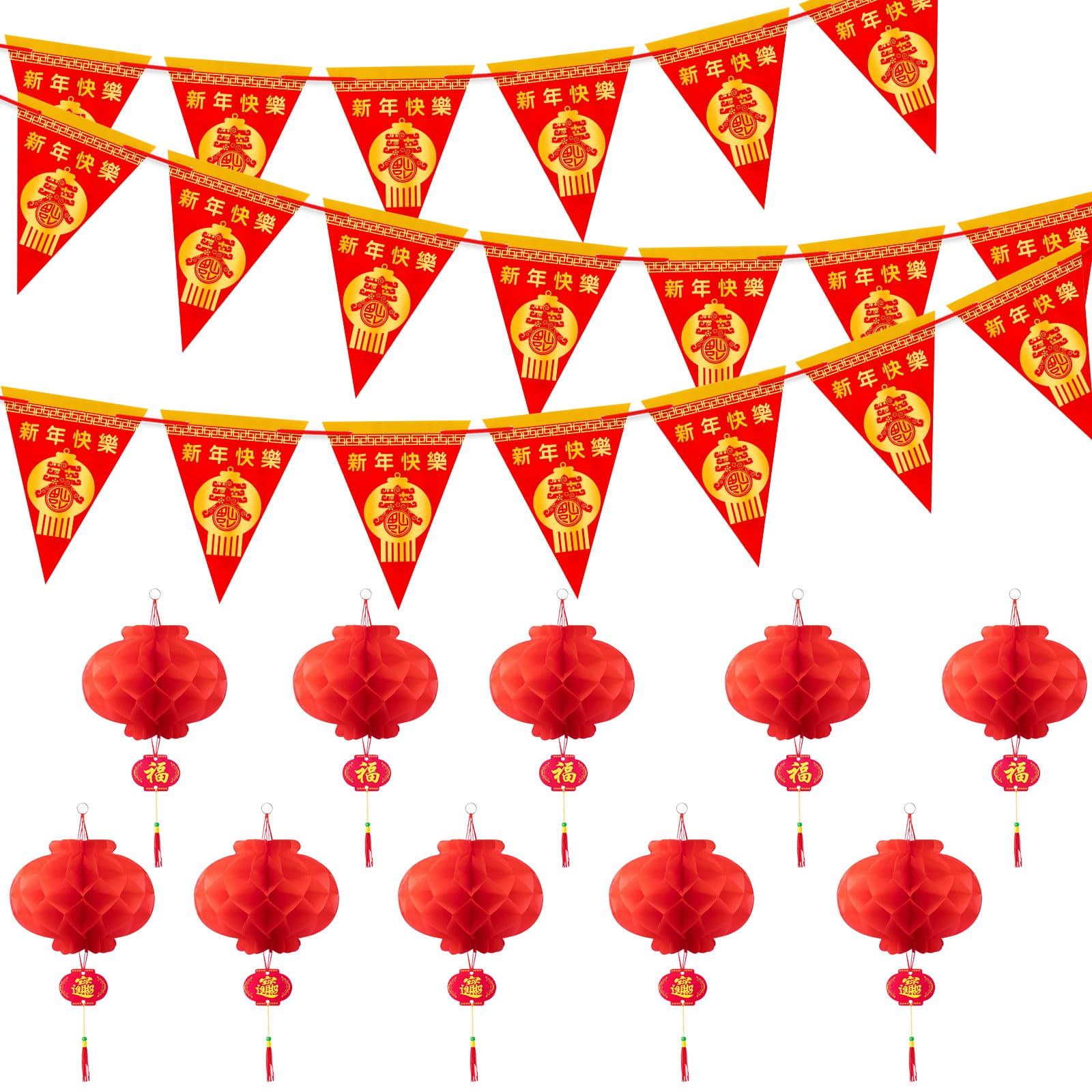 Chinese New Year Decorations 2026,Happy Chinese New Year Banner with 10 Pcs Waterproof Spring Festival Lantern Hanging for Home Party Supplies,Year of the Horse Hanging Decorations Indoor Outdoor