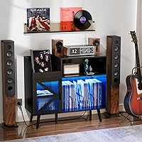 Vista 2 de Large Black Record Player Stand with Magnetic Door,350 Vinyl Record Storage Cabinet, Record Player Table with Power Outlet & LED Light,Turntable