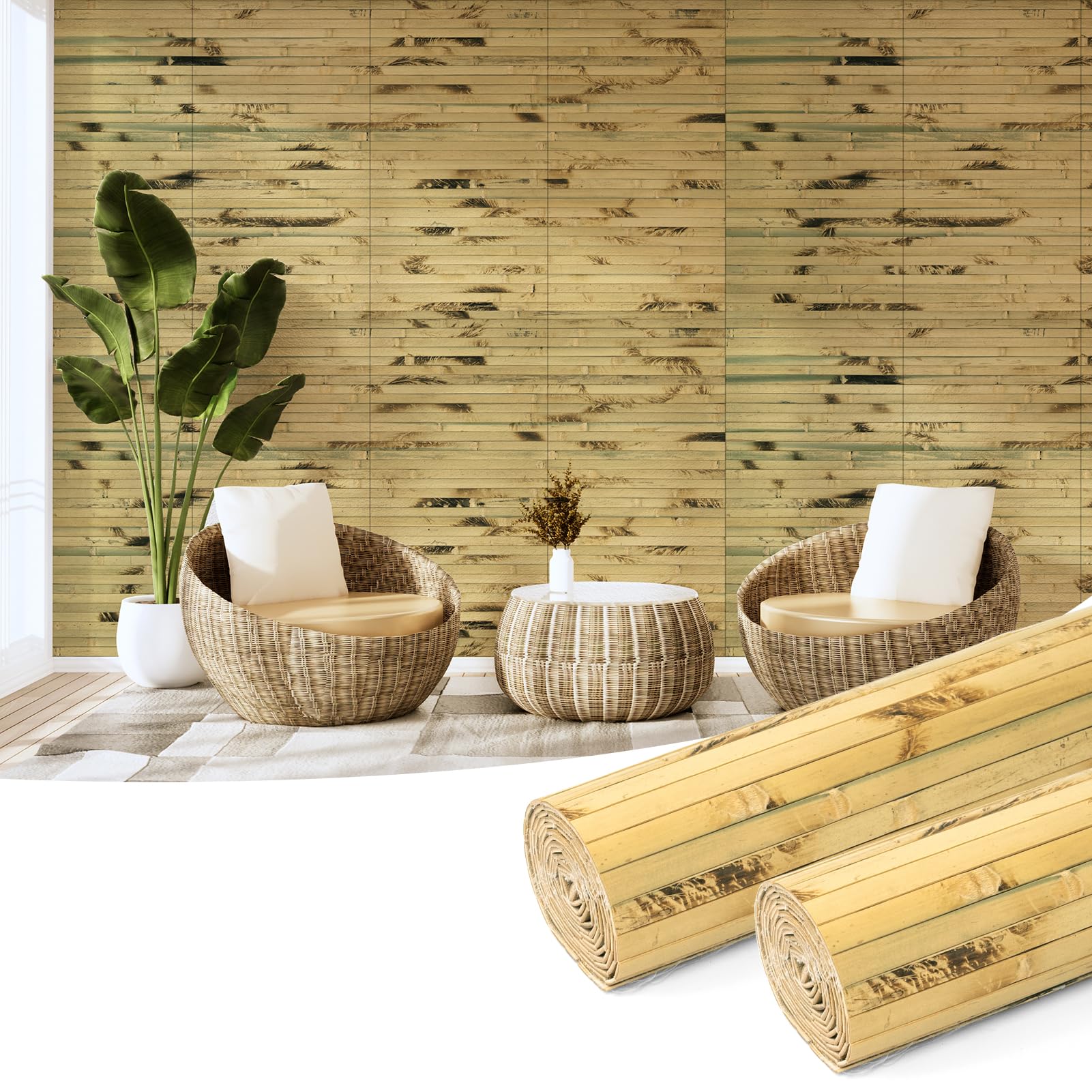Art3d Natural Bamboo Wall Panel for Interior Wall Decor, Renewable Pole Wrap Wainscoting Paneling for Wall Ceiling Furniture Cabinet Office, 12 x 96 Inch, 2-Pack - Light Burned