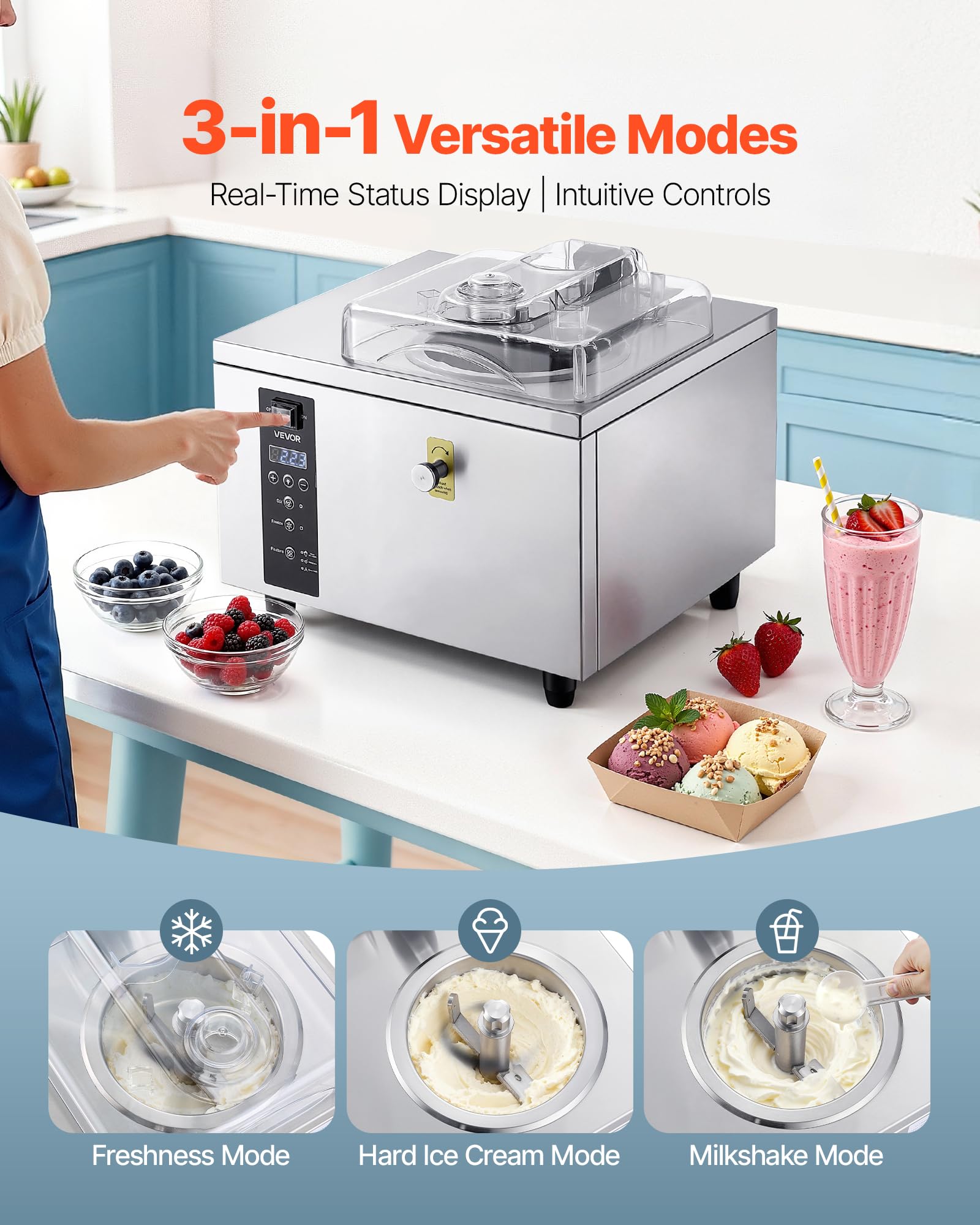 VEVOR Gewerbliche Eismaschine für Gelato 500 W, 5 L/h, Eiscrememaschine mit 2,8 L Edelstahlzylinder (304) & Selbstreinigendem LED-Bedienfeld & Hoher Produktivität für Snackbars Restaurants