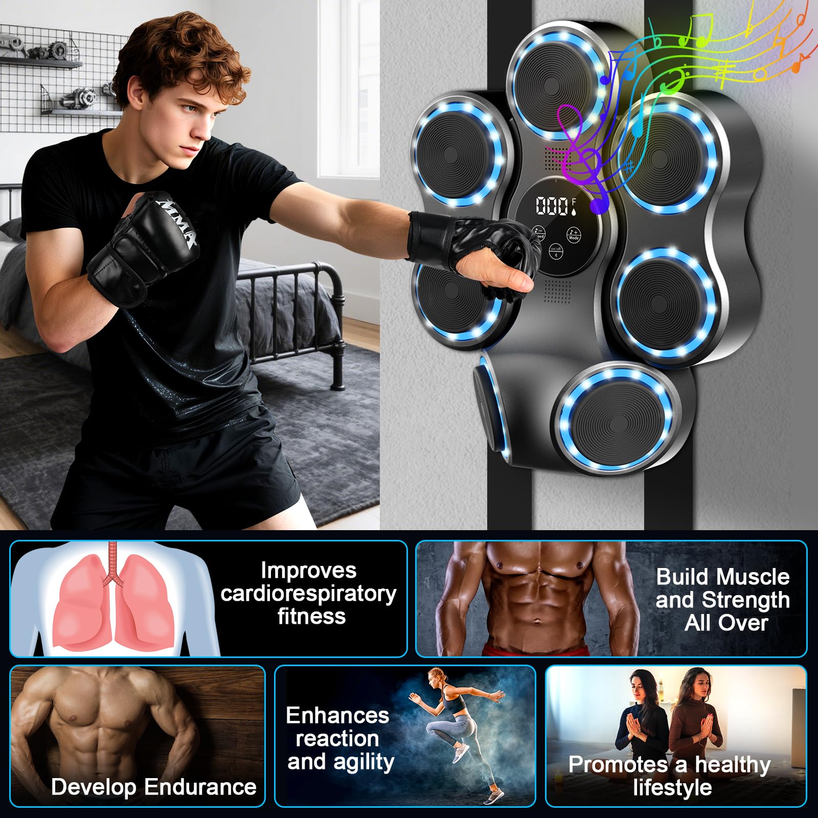 FBSPORT Music Boxing Machine, Macchina da Pugilato Parete con Bluetooth, Guantoni da Pugilato, Macchina da Boxe Musicale per Adulti e Bambini con 11 modalità e 9 velocità per Casa, Ufficio e Palestra