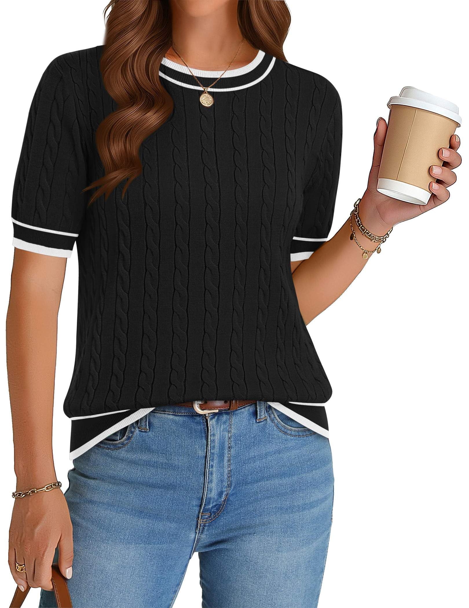 Zeagoo Womens Short Sleeve Tops Cable Knit Sweater Crewneck Lightweight Spring S...