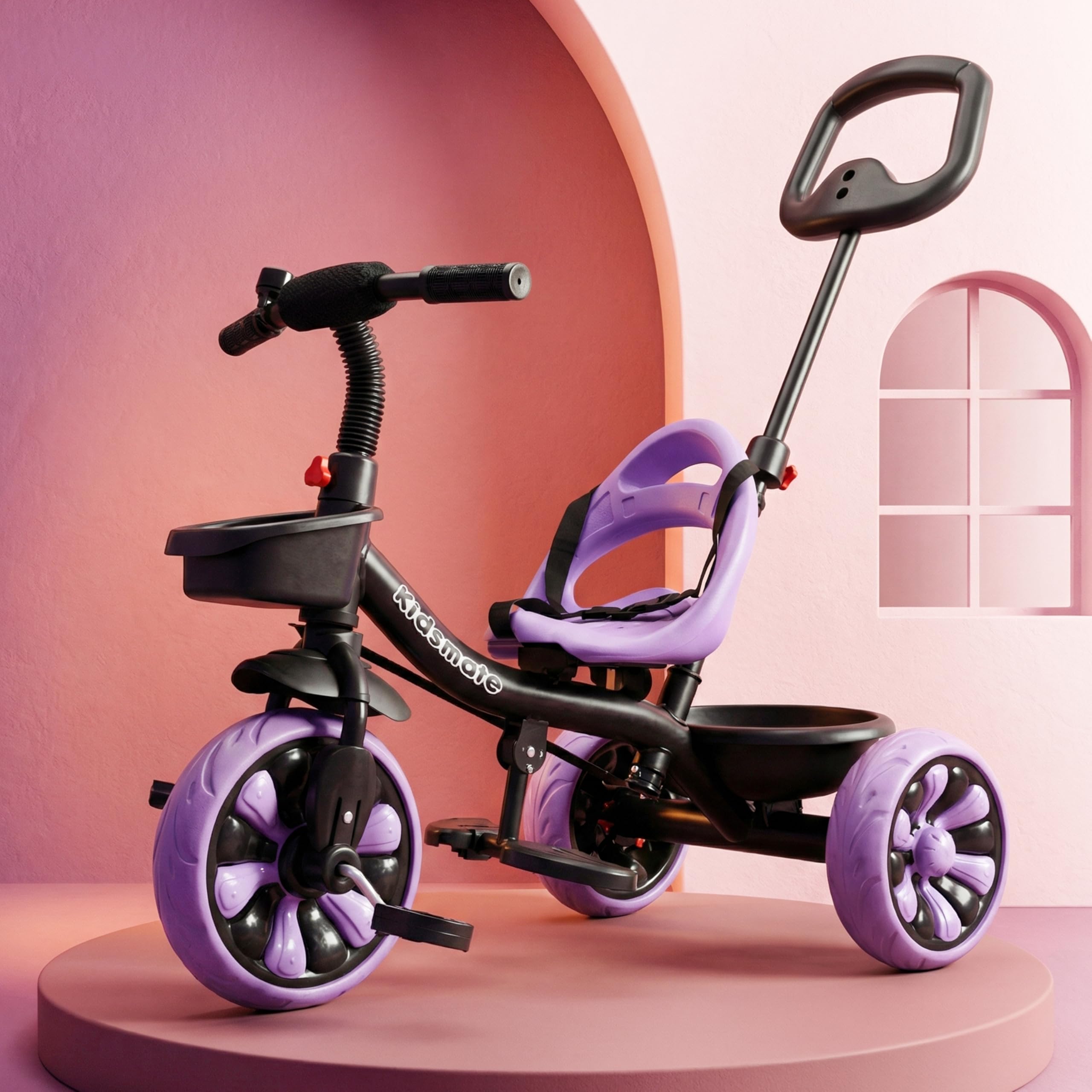 Kidsmate Kids Tricycle with Adjustable Canopy | Durable Plug & Play Baby Trike Safety Rail & Push Handle for Parents (Parental Trikes, Purple)-image-32