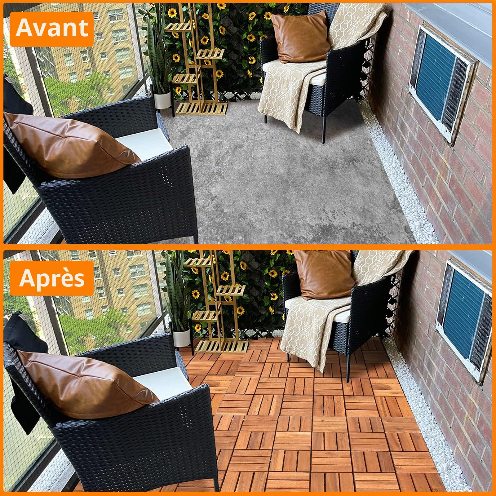 Randaco Carrelage en bois pour balcon - 30 x 30 cm - 11 carreaux de 1 m² - Convient comme dalles de terrasse et de balcon - En bois d'acacia pour jardin, terrasse, balcon, avec drainage