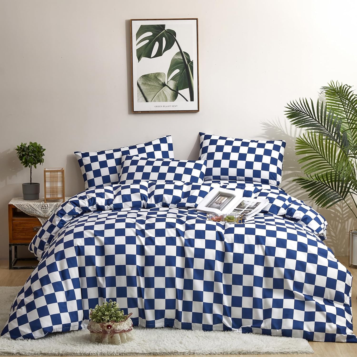 KAREVER Royal Blue White Grid Comforter Set Queen Royal