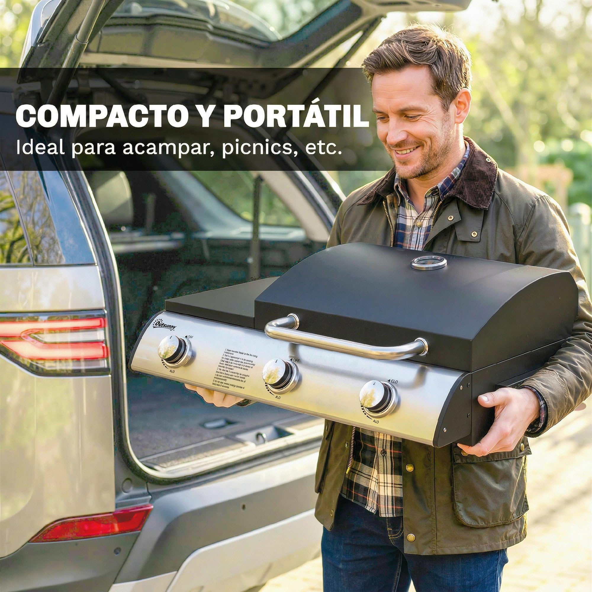 Outsunny Barbacoa de Gas BBQ Gas con 3 Quemadores 7,5 kW, Barbacoa de Mesa Portátil con Parrilla, Plancha, Estante Lateral Convertible, Termómetro, Tapa, Caja de Goteo, Patas Ajustables, Negro