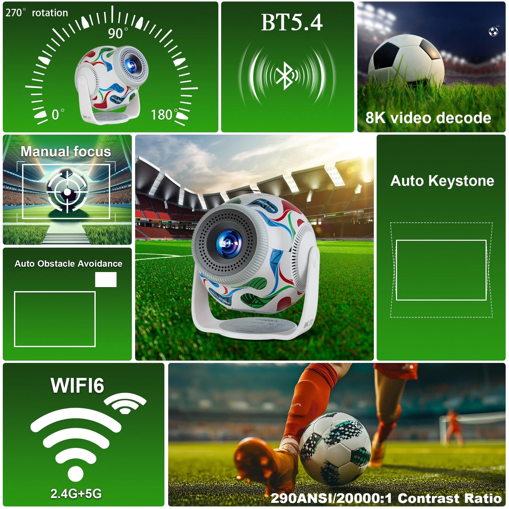 Proiettore compatto 2026, con supporto fino a 8K e 290 ANSI, rotabile di 270° con correzione automatica della distorsione verticale, WiFi 6 e Bluetooth 5.4