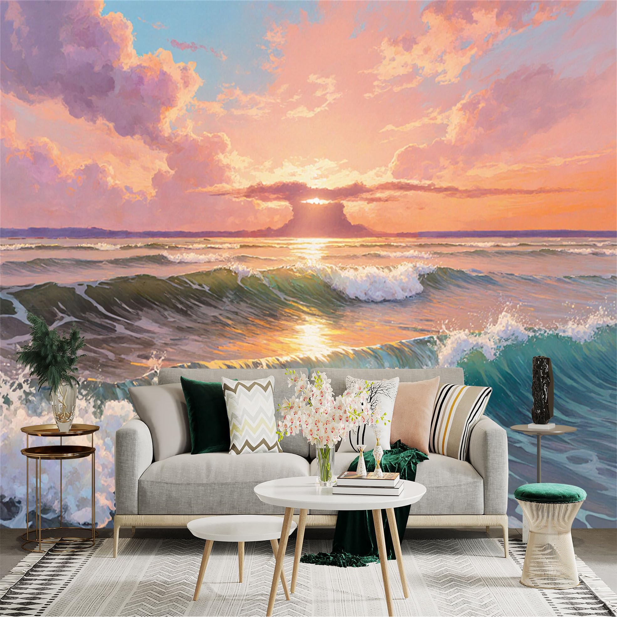 Lnzczhyre Xc260505672 Custom Size Wall Sticker Mural， Sunset Over Ocean Waves， Pink And Orange Golden Hour Clouds， Tropical Seascape Scenery， For Wall Decoration， Peelandstick Wall Decals.