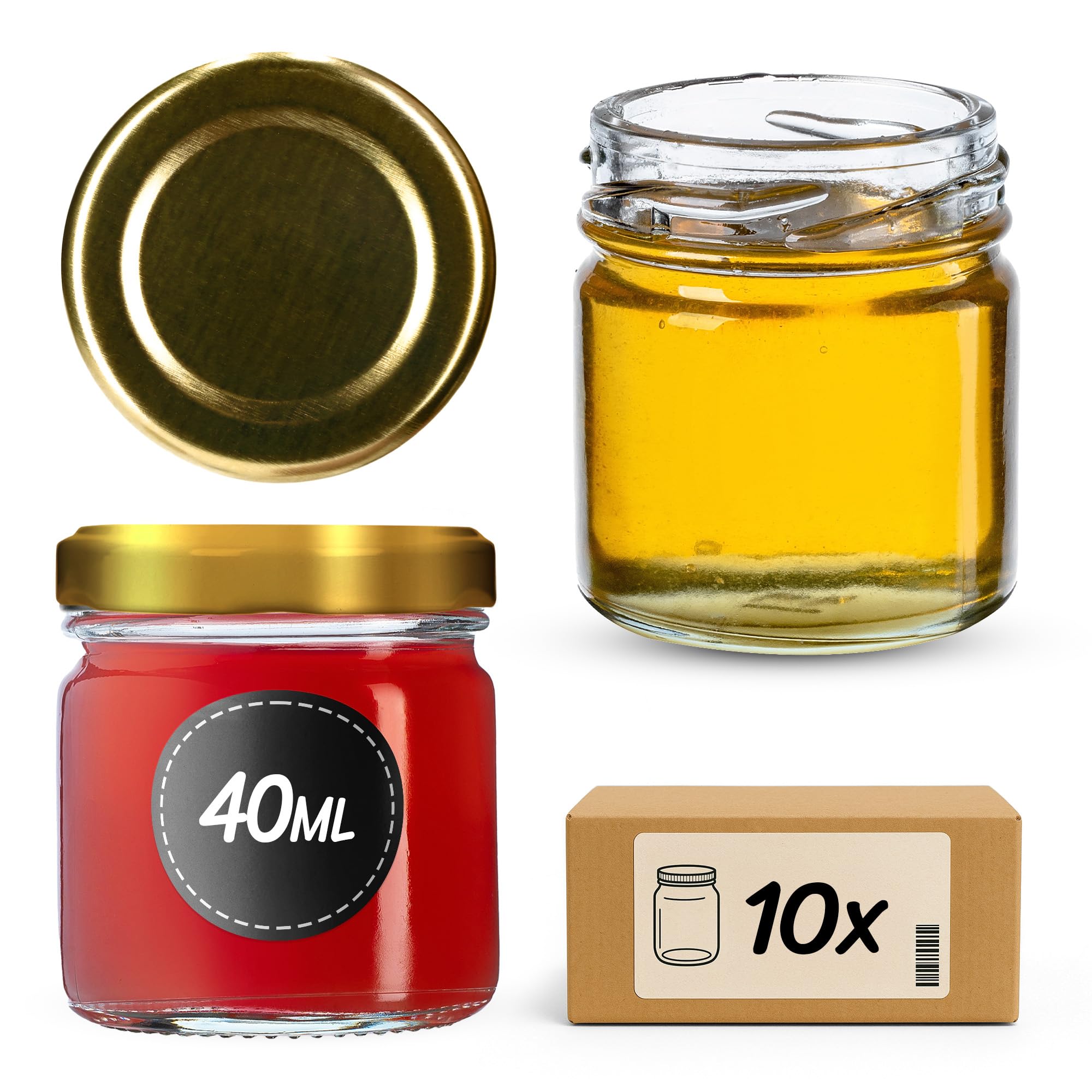 KADAX Glass Jars 40 ml, Mini Preserving Jars with Metal Lids for Homemade Jam and Honey, Small Jars for Storing Spices and Herbs (Gold, Set of 10)