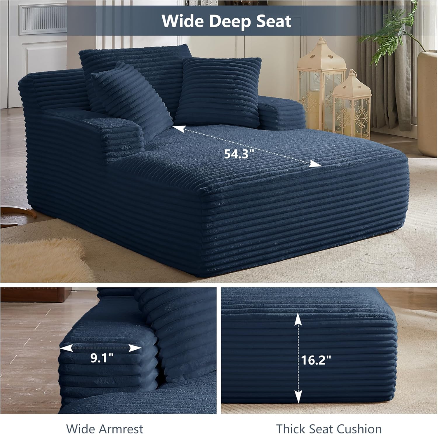 KIVENJAJA Oversized Chaise Lounge Chair Indoor, Corduroy Boneless Sleeper Sofa Couch Bed, Small Cloud Reading Chairs with Pillows for Living Room Apartment, No Assembly, 50" W