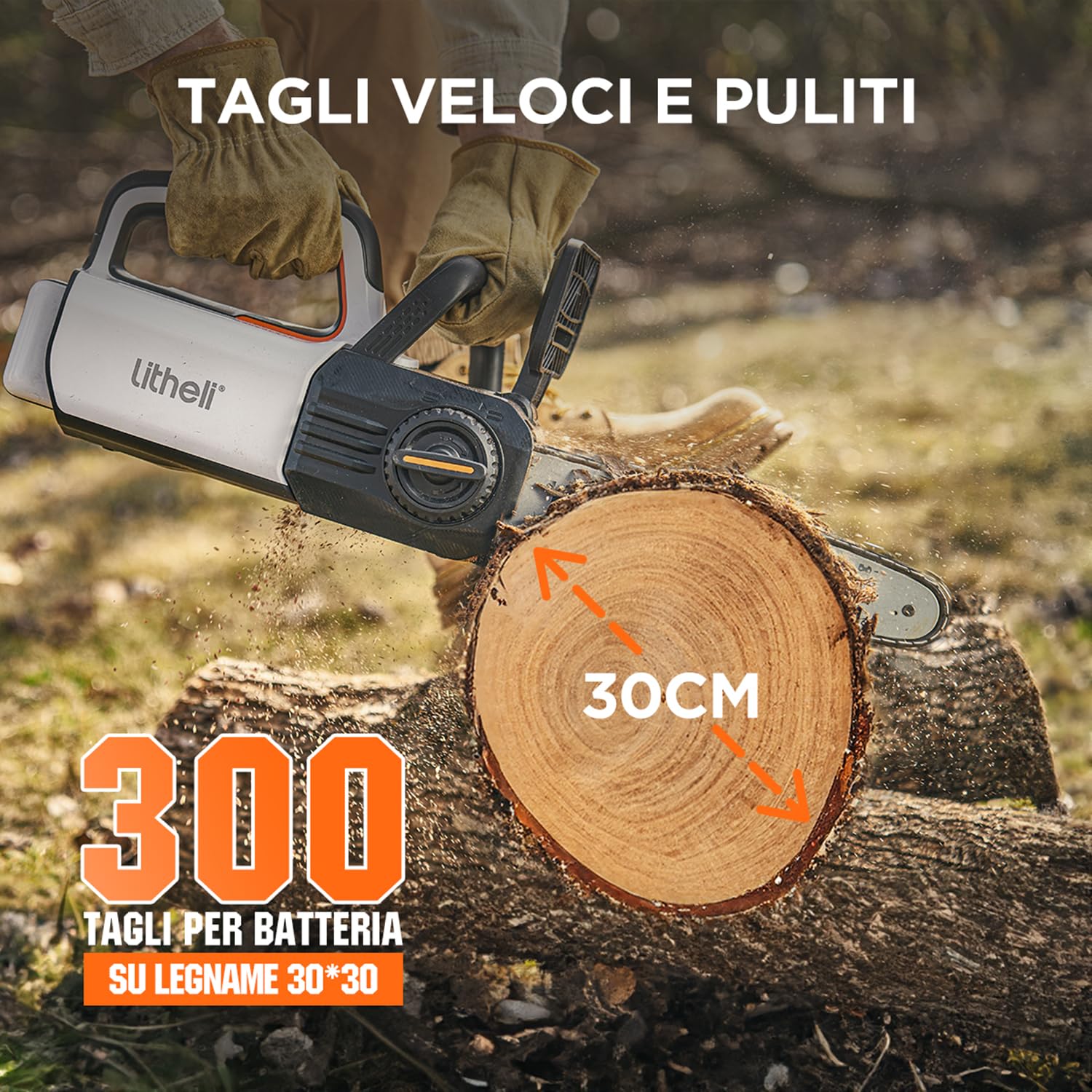 Litheli Motosega a Batteria per Potatura, Motosega Elettrica a Batteria Brushless da 30cm, Lubrificazione Automatica, Sicurezza Design per il Taglio Del Legno e Giardini