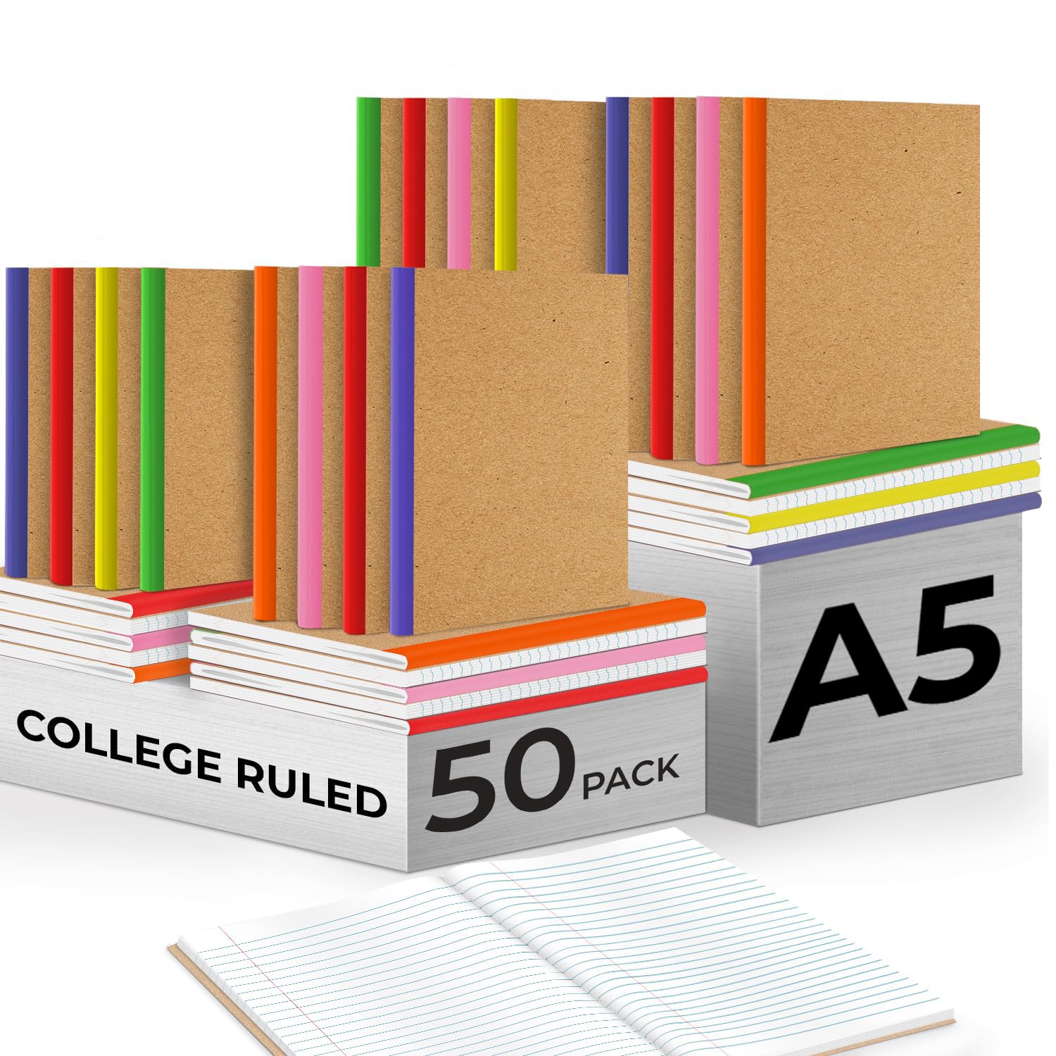 Rosmonde Confezione da 48 diari in carta kraft, formato A5, pagine extra, 120 pagine (60 fogli), a righe universitarie, 20 x 14 cm, carta senza sbavature, quaderni a righe in carta kraft sfusa, per la