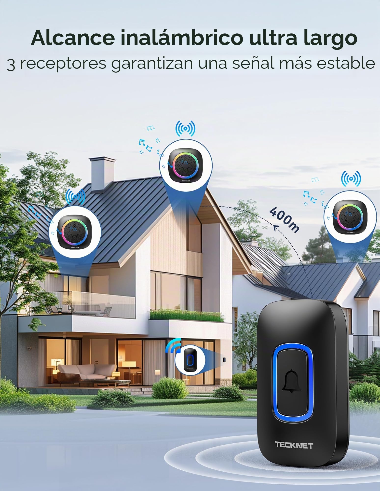 TECKNET Timbre Inalámbrico con Pilas, RGB Timbre Inalámbrico Exterior Impermeable IP66 con 3 Receptores, 400M Alcance, 5 Niveles de Volumen y 60 Melodías para Casa, Hotel, Oficina, Emergencia