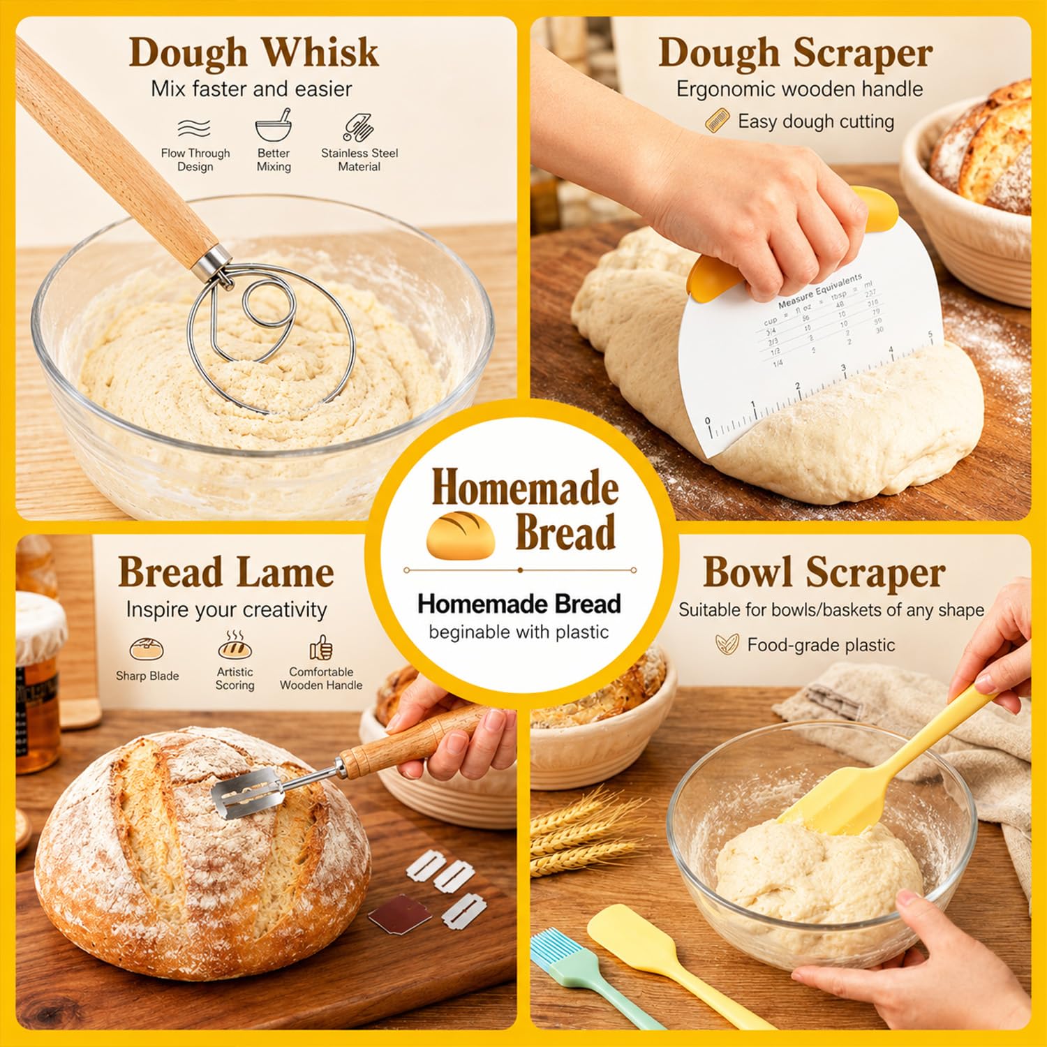 Sauerteig Starter Set mit Gärkörbchen (2 Stück, 25cm), Gärkorb Brot Brotbackzubehör Mit Sauerteig Starterglas, Sauerteigbrot Starter Set, Komplettes Brotbackset für Anfänger & Bäcker