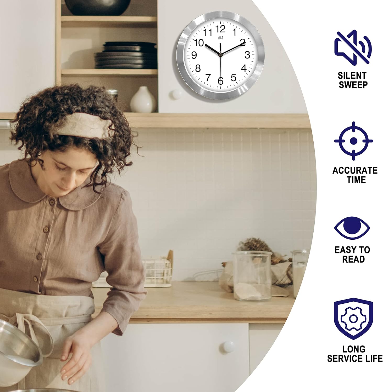 HITO 10 Inch Silent Wall Clock 12 Inch Silent Wall Clock Battery Operated Non Ticking Glass Cover Silver Aluminum Frame, for Kitchen, Bedroom, Home Office, Living Room Decor