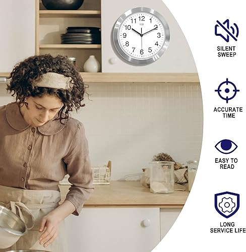 Miniatura 3 de HITO Reloj de pared silencioso Reloj de pared silencioso con marco de metal y tapa de cristal de 10 pulgadas