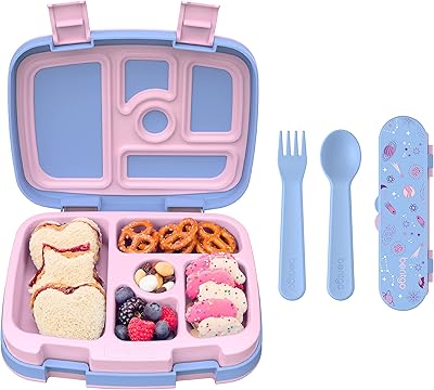 Bentgo® Kids Prints 5-Compartment Bento-Style Kids Lunch Box Set with Reusable Plastic Utensils Lavender Galaxy