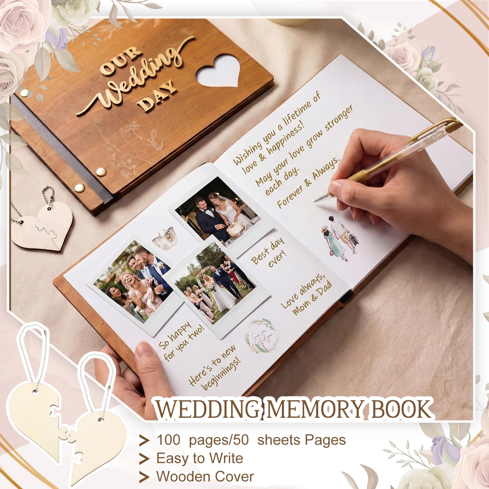 Resurhang Rustikales hölzernes Hochzeitsgästebuch Erinnerungsbuch für Hochzeit, Holzeinband, Foto-Scrapbook, rustikales Andenken, Gästebuch mit Aufklebern für Empfang, Jahrestag, Brautparty