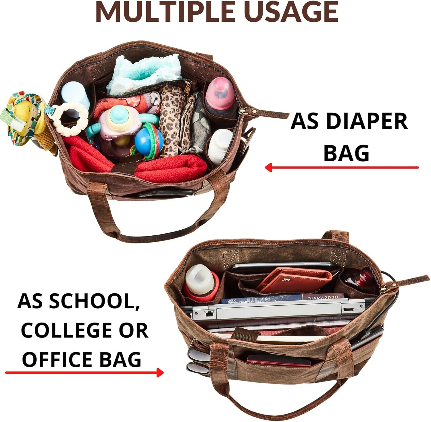 Tote Bag for Women Real Leather Shoulder Handbag Organizer Water Repellent Waxed Canvas - Image 5